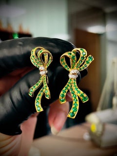 Regal Ribbon 18K Gold Emerald and Diamond Earrings, Art Deco Style