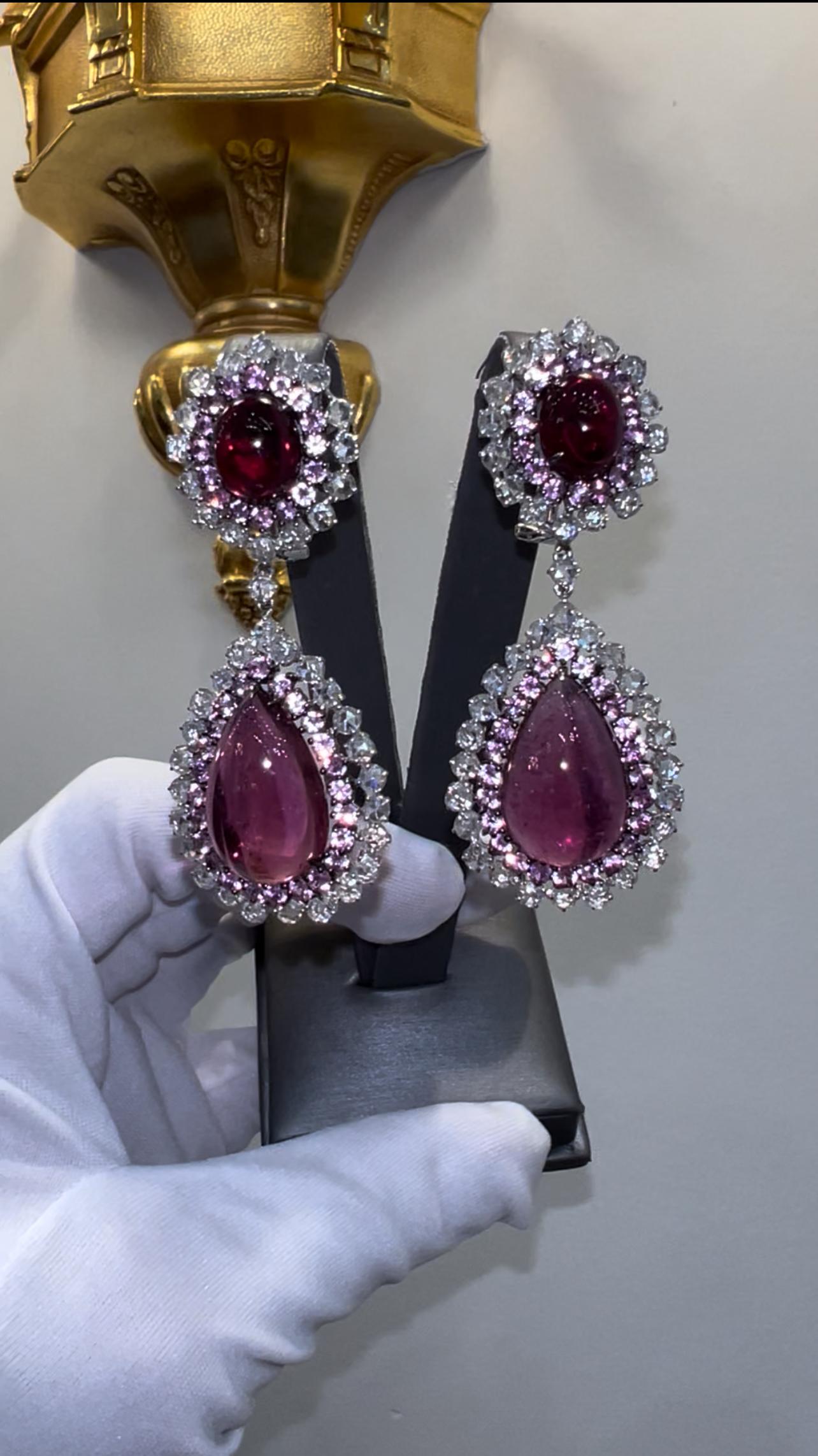Boucles d'oreilles pendantes en rubellite de style royal Saphirs roses et diamants taillés en rose 27cts en vente 4