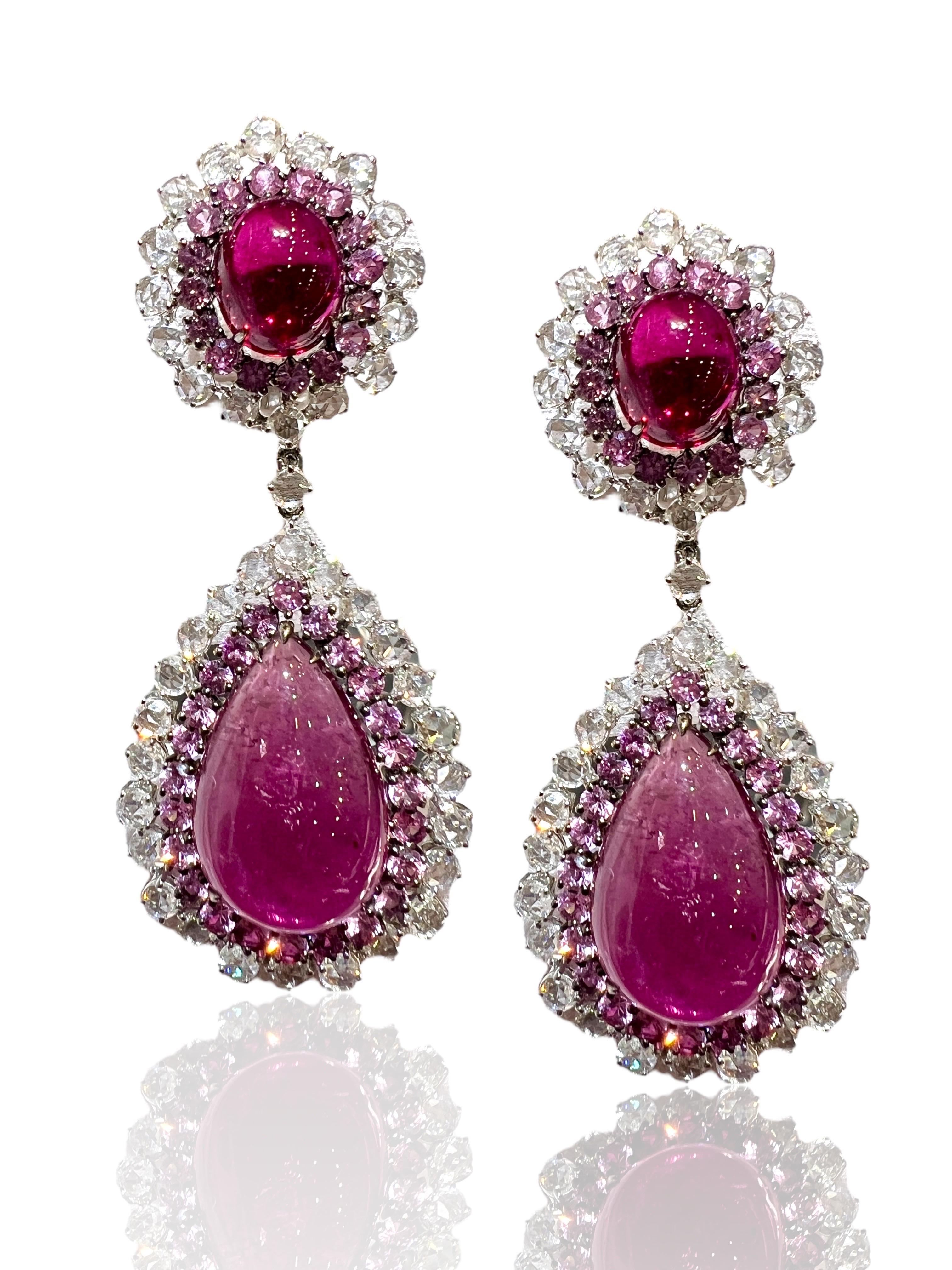 Boucles d'oreilles pendantes en rubellite de style royal Saphirs roses et diamants taillés en rose 27cts Neuf - En vente à Great Neck, NY