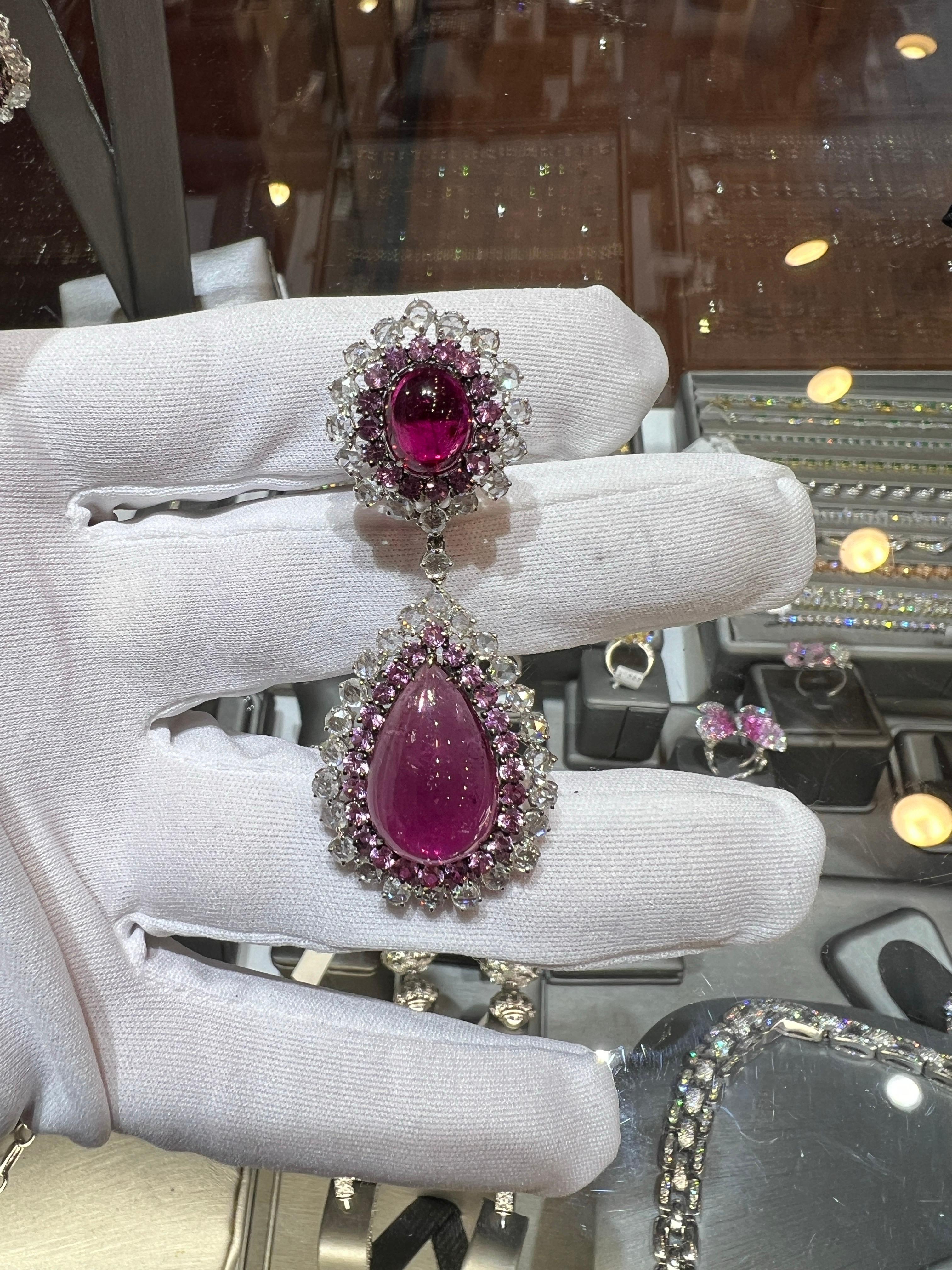 Boucles d'oreilles pendantes en rubellite de style royal Saphirs roses et diamants taillés en rose 27cts Pour femmes en vente