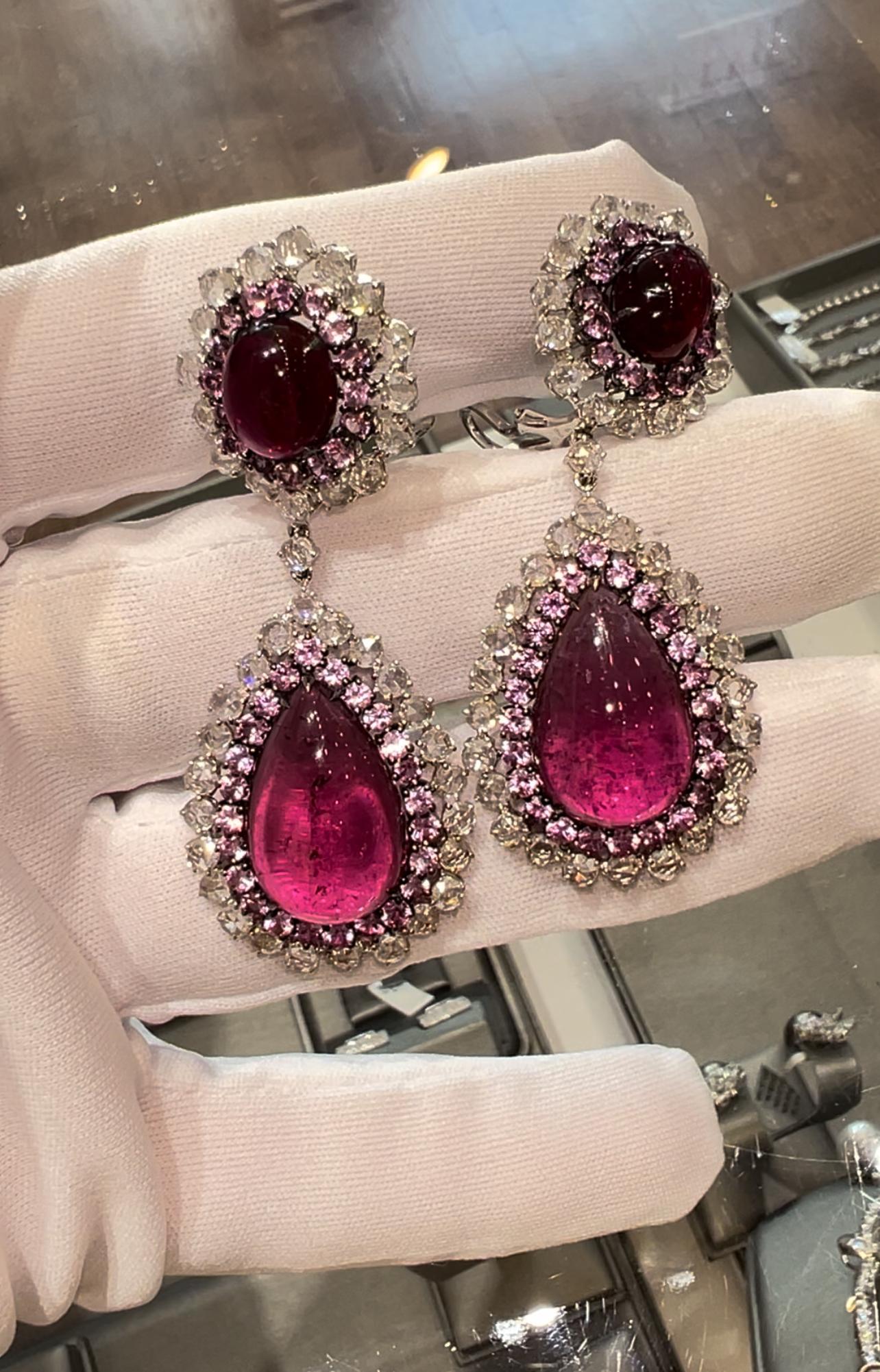 Boucles d'oreilles pendantes en rubellite de style royal Saphirs roses et diamants taillés en rose 27cts en vente 2