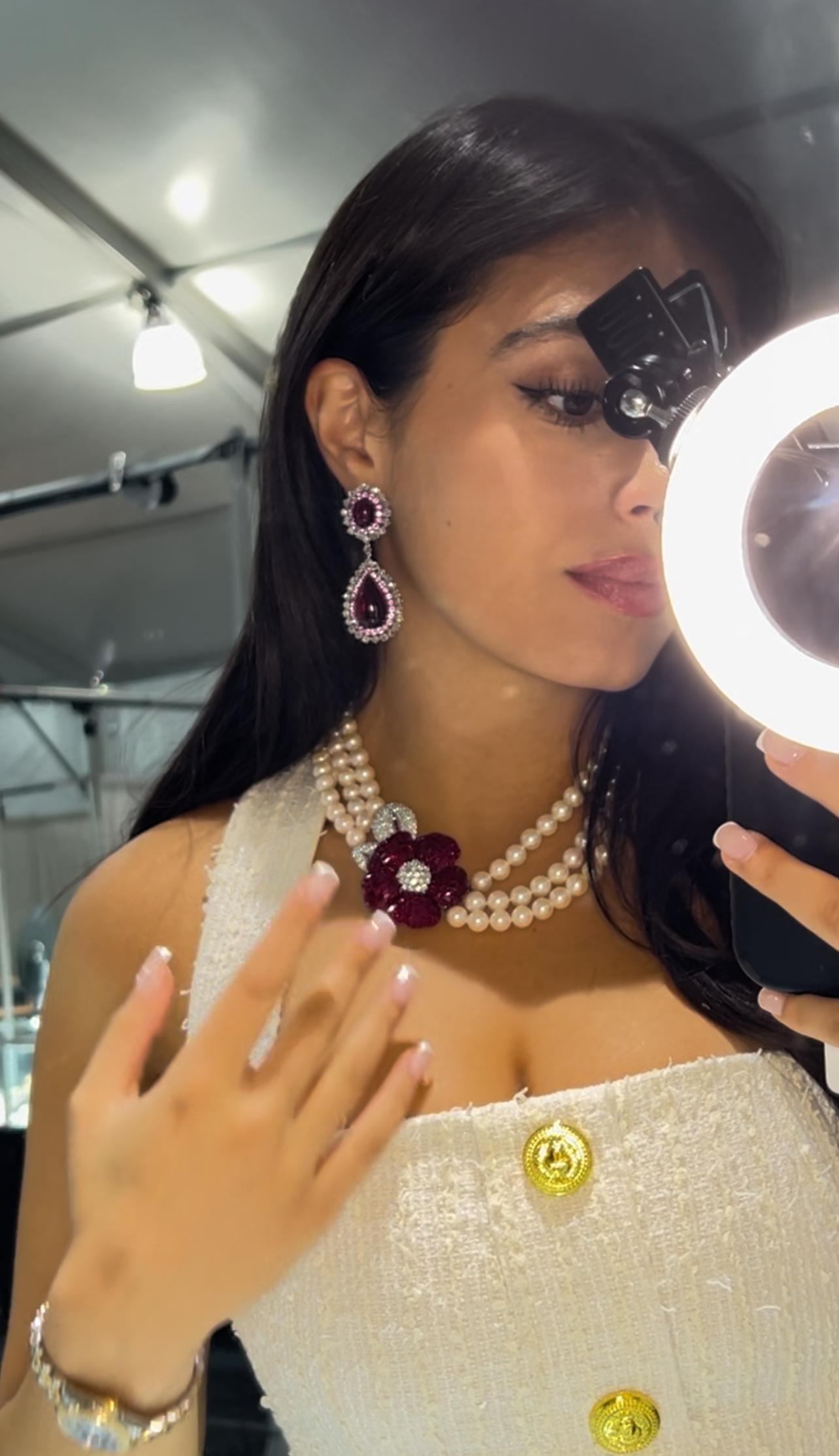 Boucles d'oreilles pendantes en rubellite de style royal Saphirs roses et diamants taillés en rose 27cts en vente 3