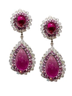 Pendientes de gota de rubelita de corte regio Zafiros rosas y diamantes talla rosa 27cts