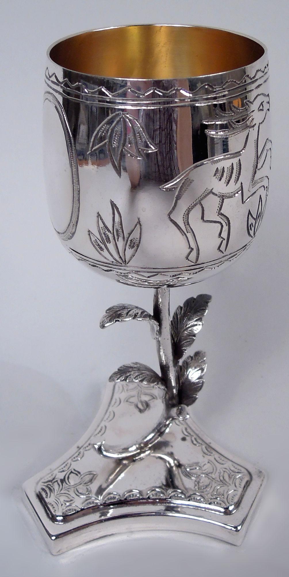 20th Century Regal Sterling Silver Deer & Lion Goblet with Leafing Stem For Sale