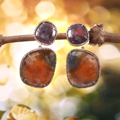 Regal style real diamonds raw sapphire sterling silver dangler earrings