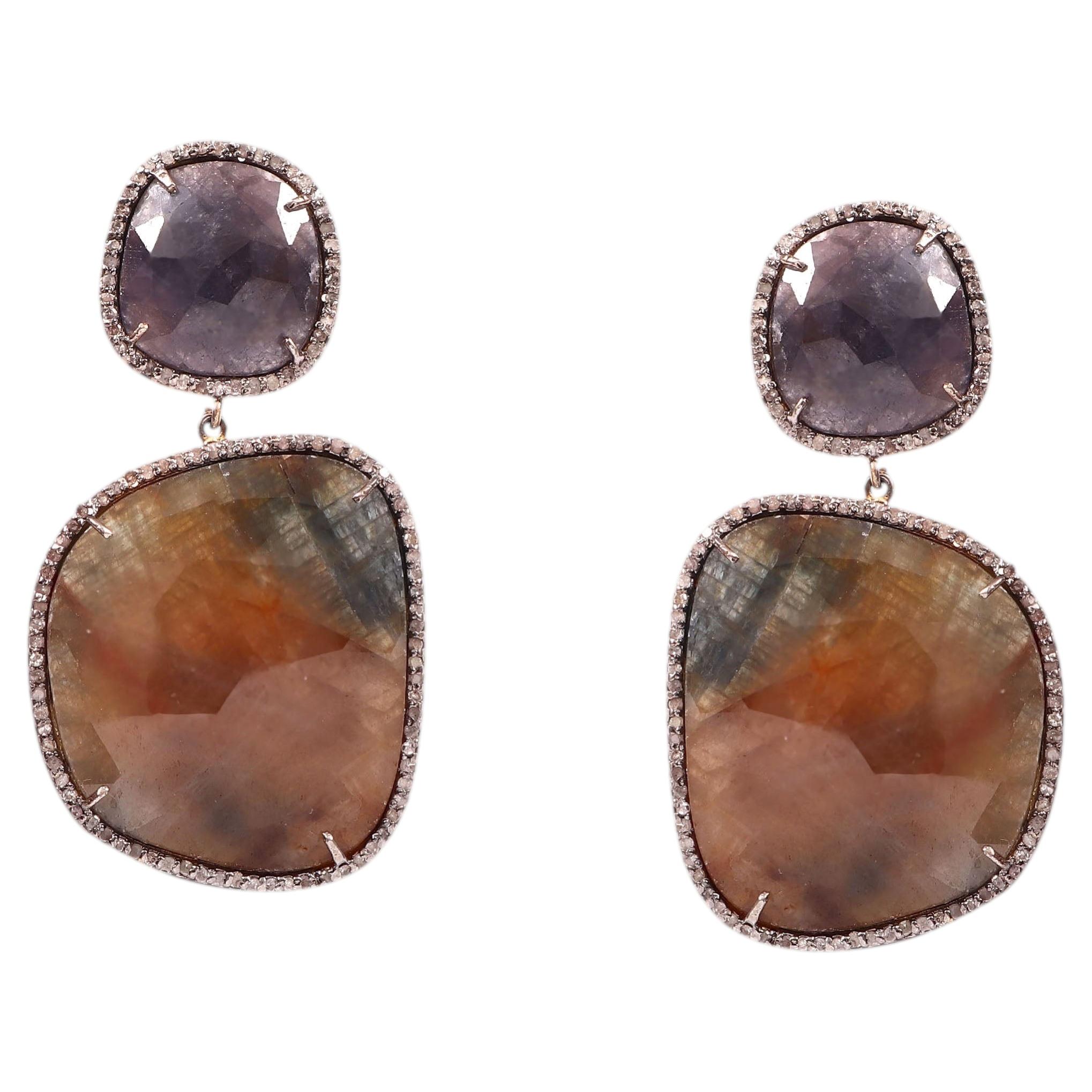 Regal style real diamonds raw sapphire sterling silver dangler earrings