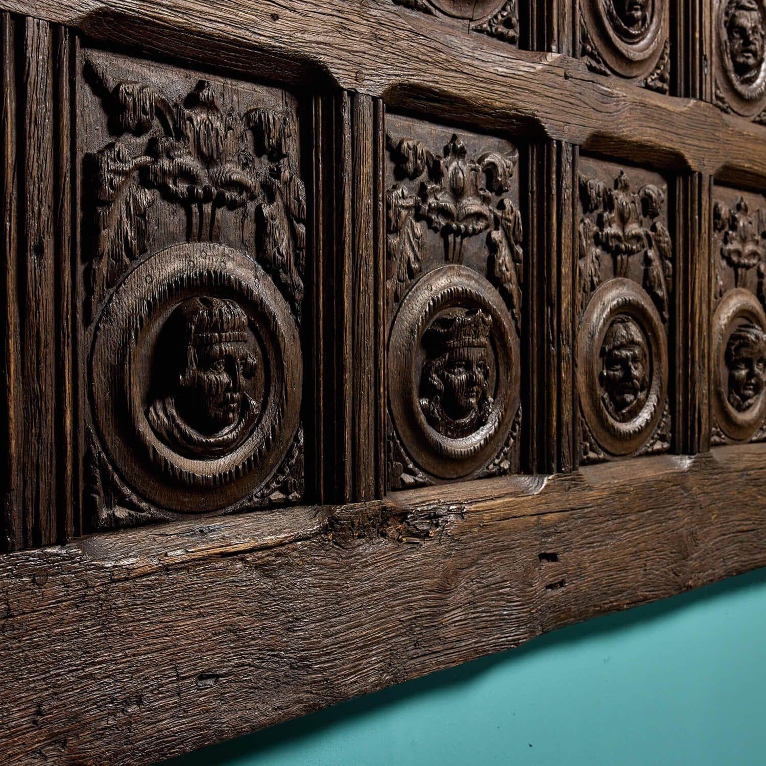 Jacobean Regal Tudor Style Antique Carved Oak Panel