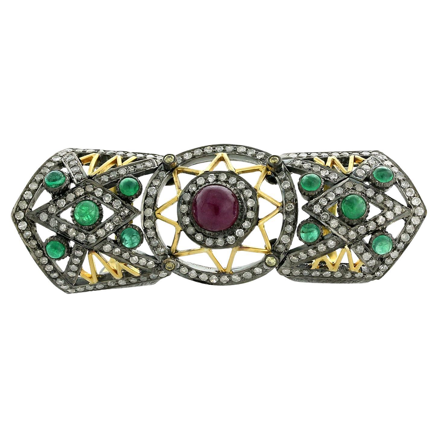 Regal Victorian-Style Ruby 
Emerald Elongated Statement Ring For Sale