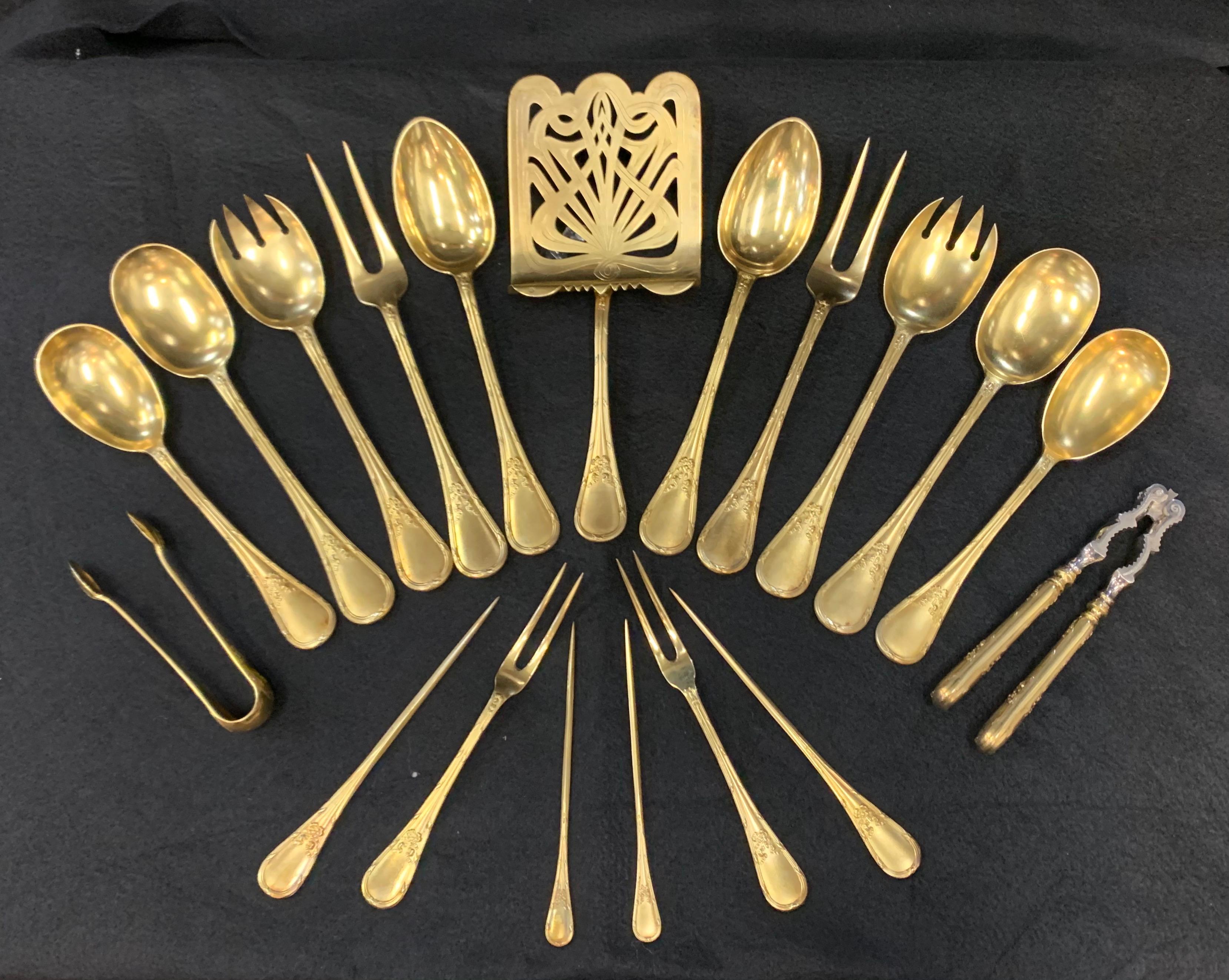 Regal Vienna Vermeil Flatware Silver Service for eighteen guests consisting of 312 pieces of flatware. There are 15 pieces of Vermeil Utensils per place setting for eighteen Dinner Guests with 42 formal serving pieces. The Vermeil has late 19th