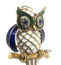 Regal Vintage Enamel Sapphire & Diamond Owl Brooch