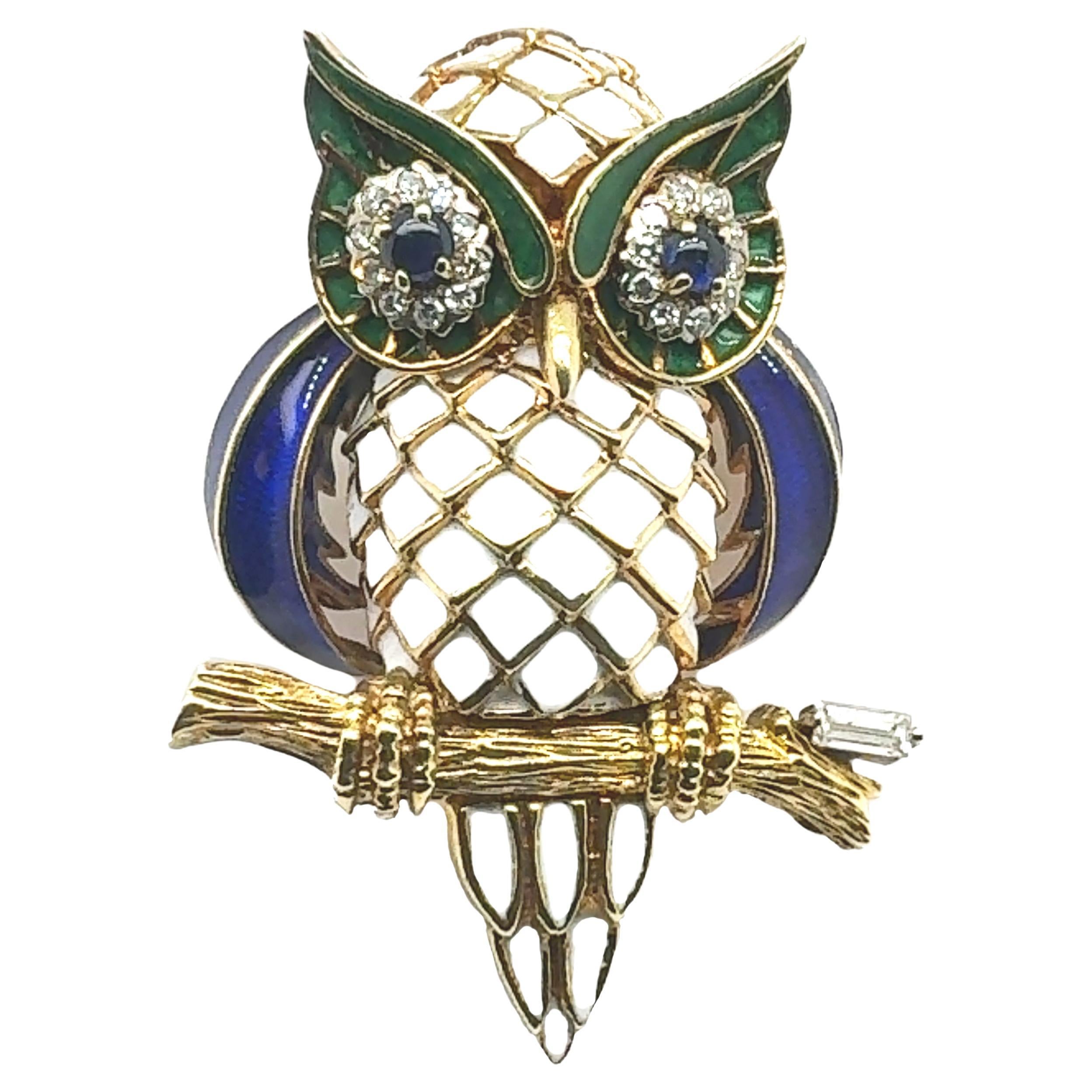 Regal Vintage Broche Búho Esmaltado Zafiro y Diamantes en venta