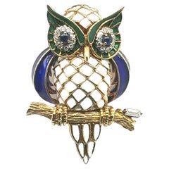 Regal Vintage Enamel Sapphire & Diamond Owl Brooch