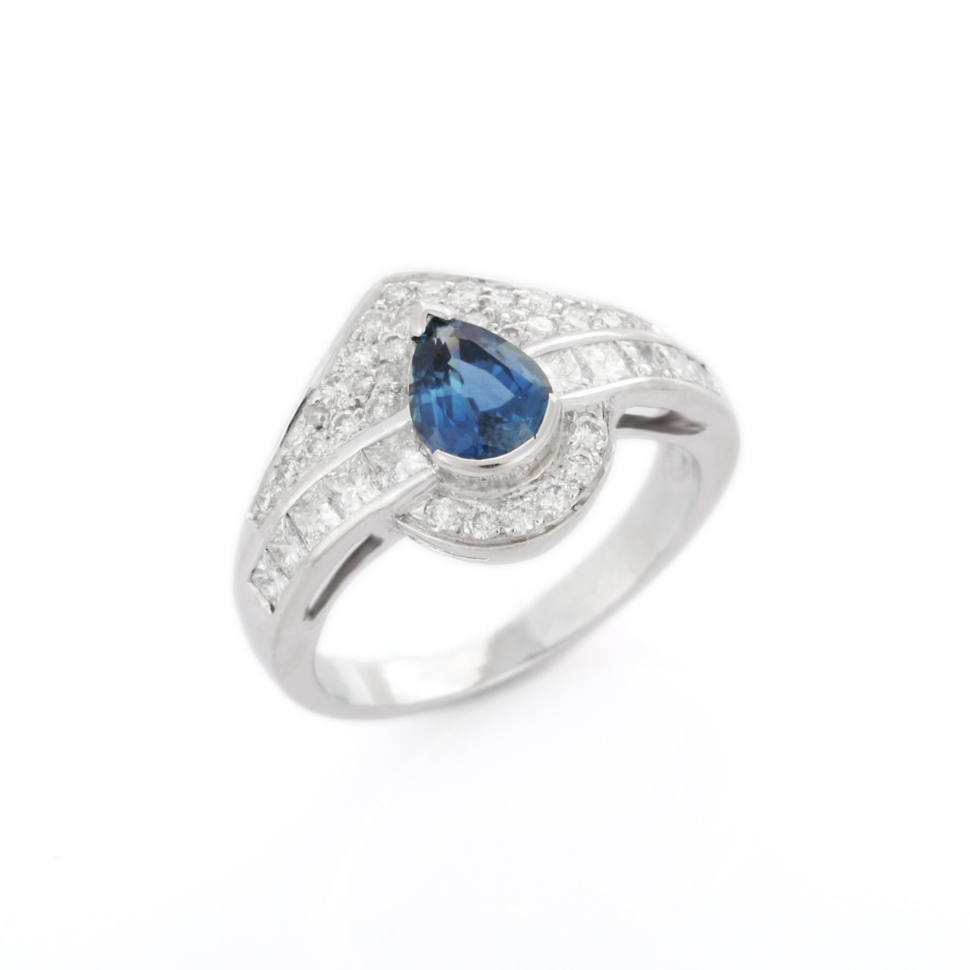 For Sale:  Regal Pear Cut Sapphire Diamond Wedding Ring in 18K White Gold 2