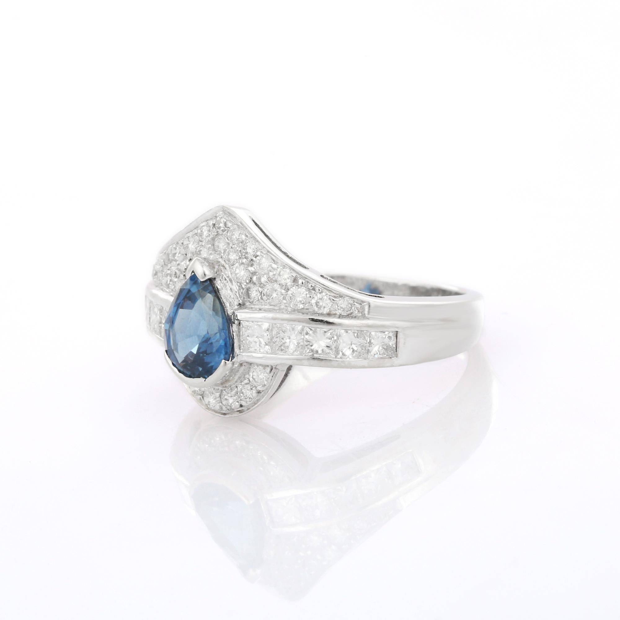 For Sale:  Regal Pear Cut Sapphire Diamond Wedding Ring in 18K White Gold 3