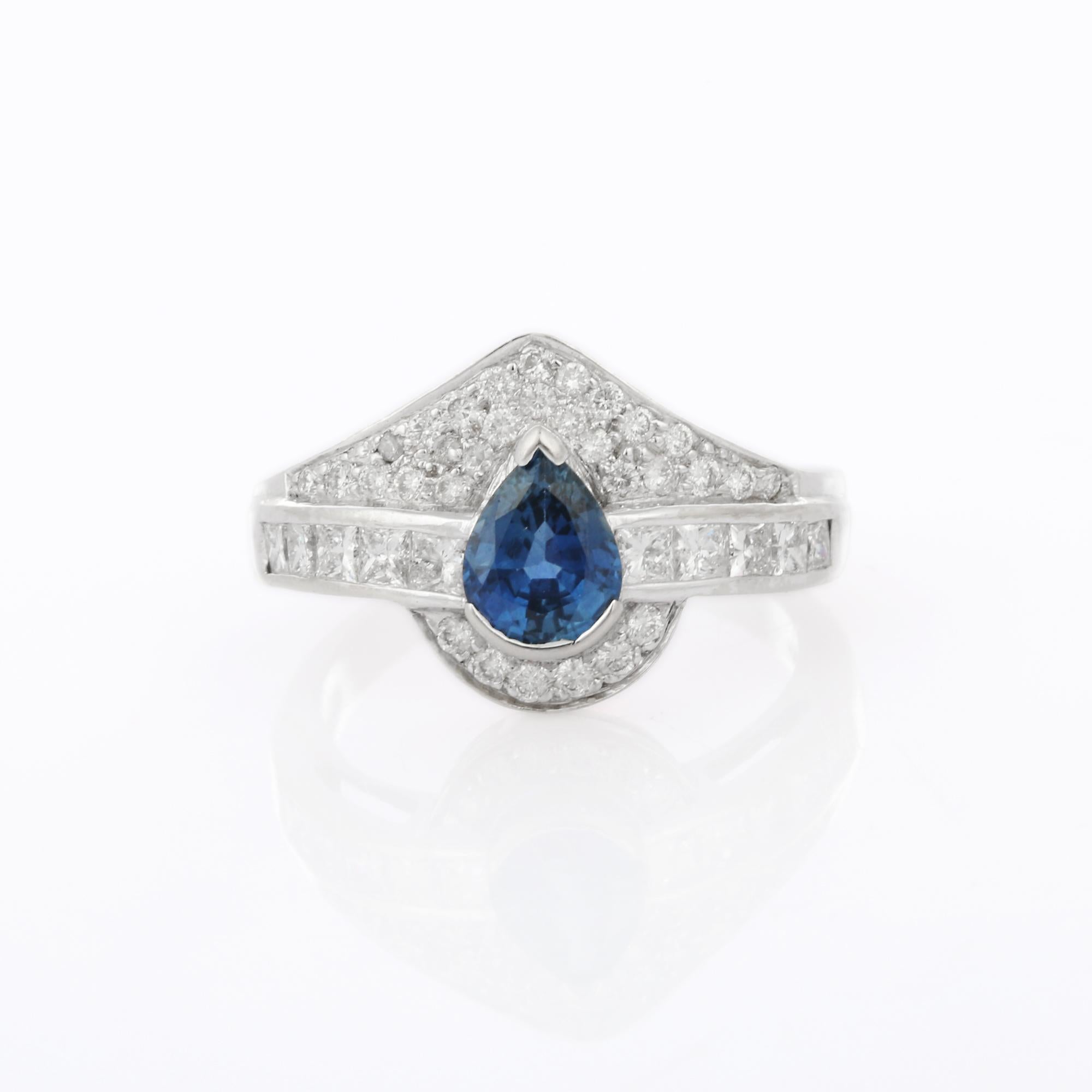 En vente :  Bague de mariage royale en or blanc 18 carats avec saphir taille poire et diamants 5
