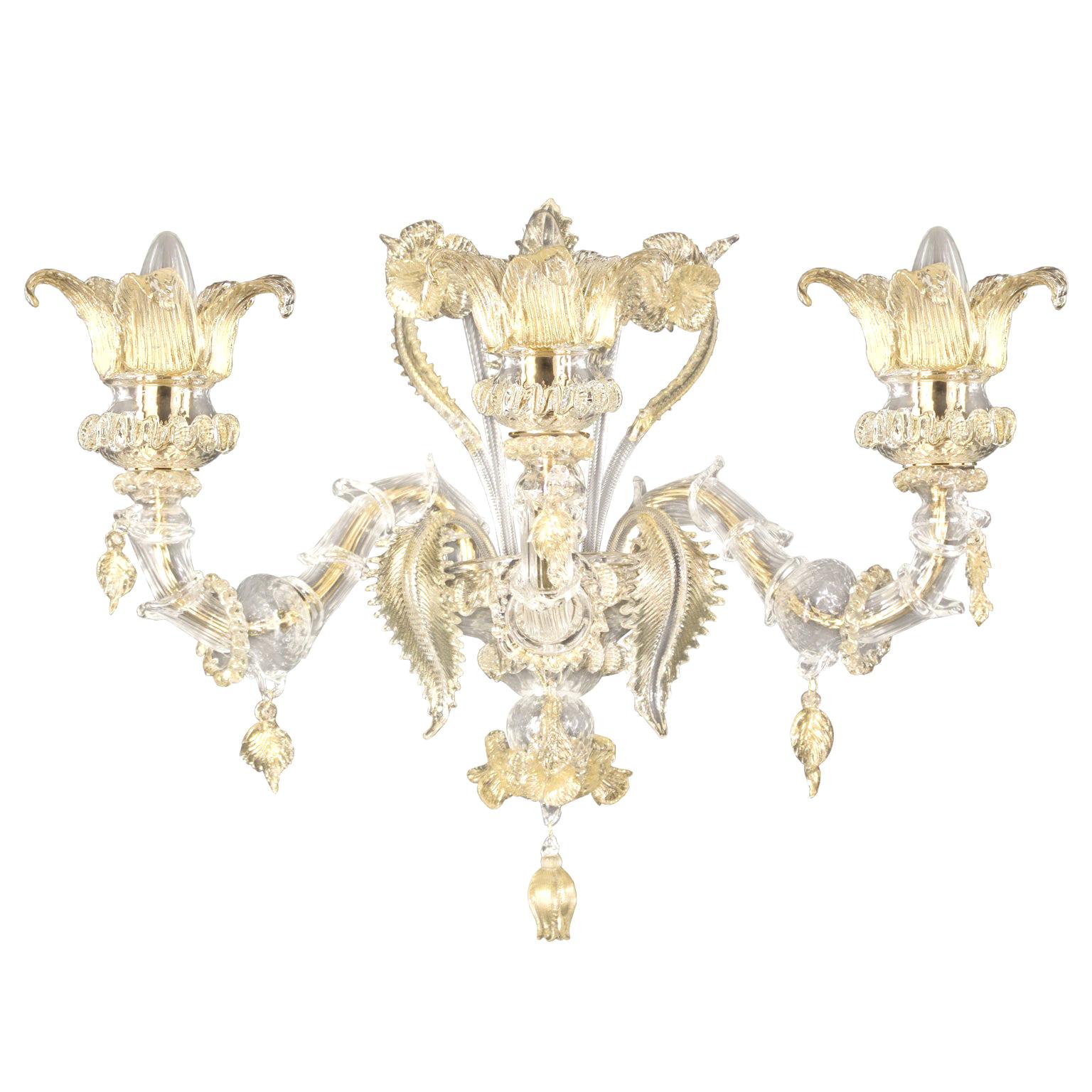 Rezzonico Wall 3 arms Crystal and Gold Murano Glass Regale by Multiforme
