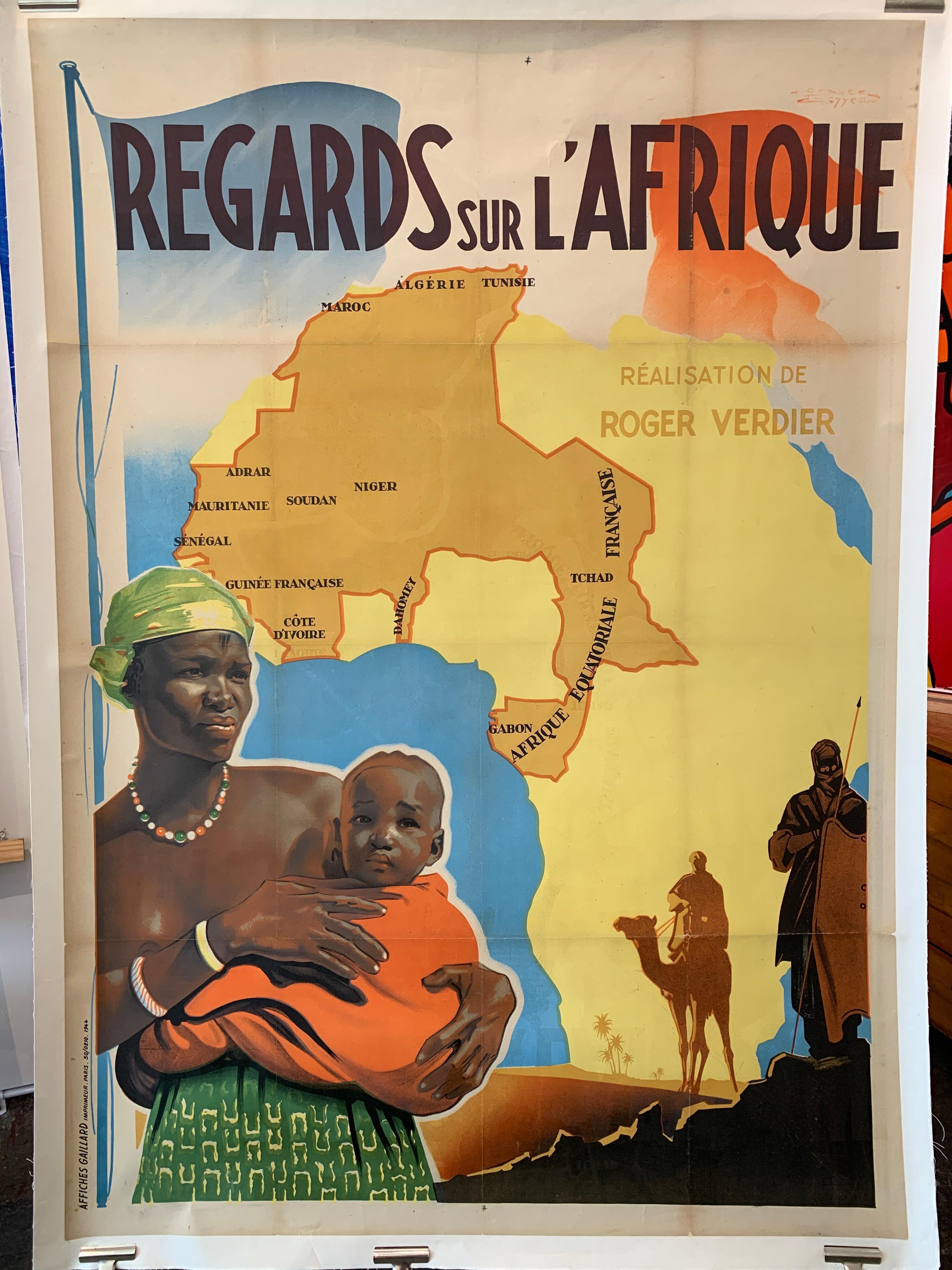 'Regards Sur L'Afrique' Original Vintage Poster by Jacques Bonneaud, 1944

This poster is an original poster from 1944, there are slight signs of age such a fold marks which is consistent with the age of the poster. The overall condition is good,