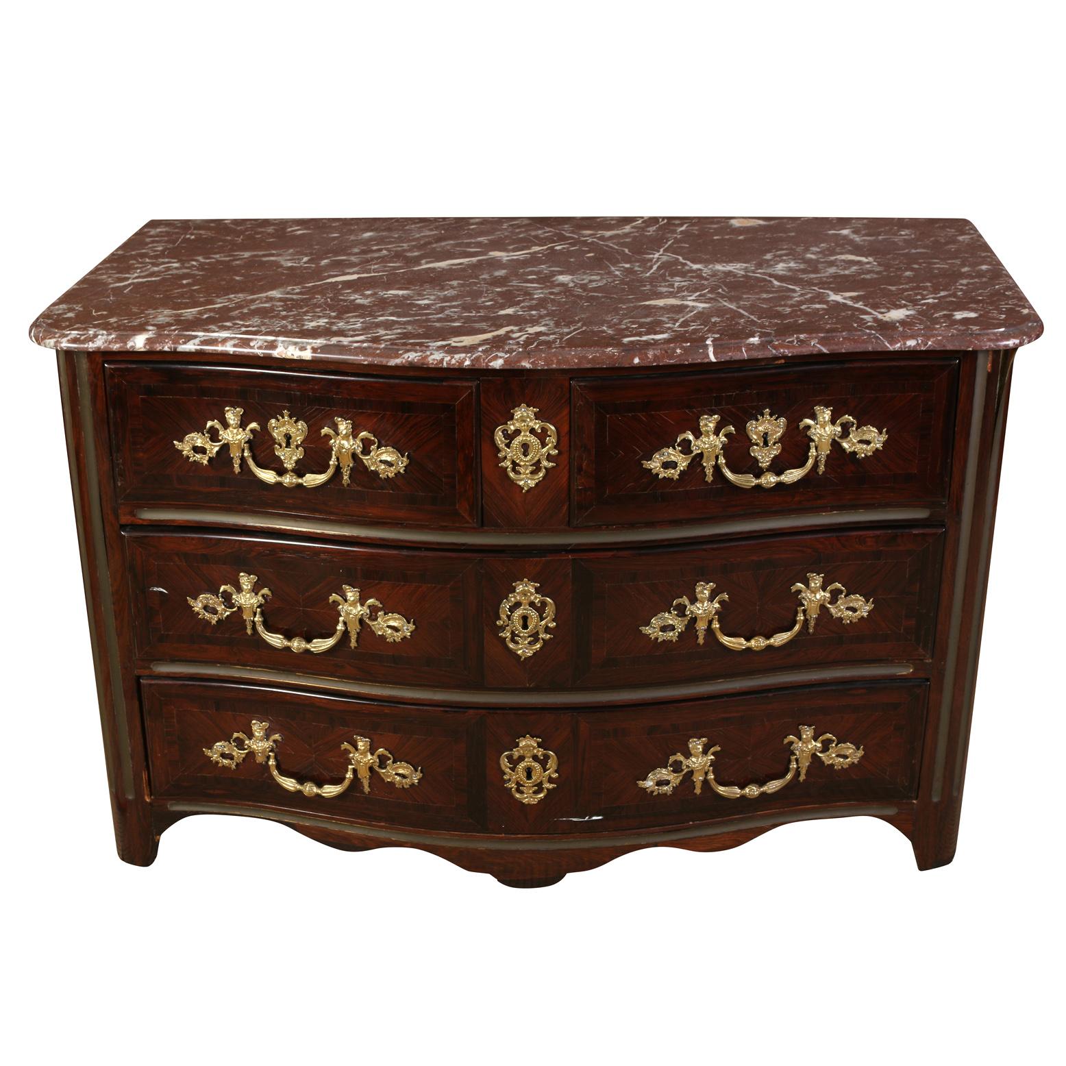 20th Century Regence Brass and Ormolu Mount Serpentine Front Commode For Sale