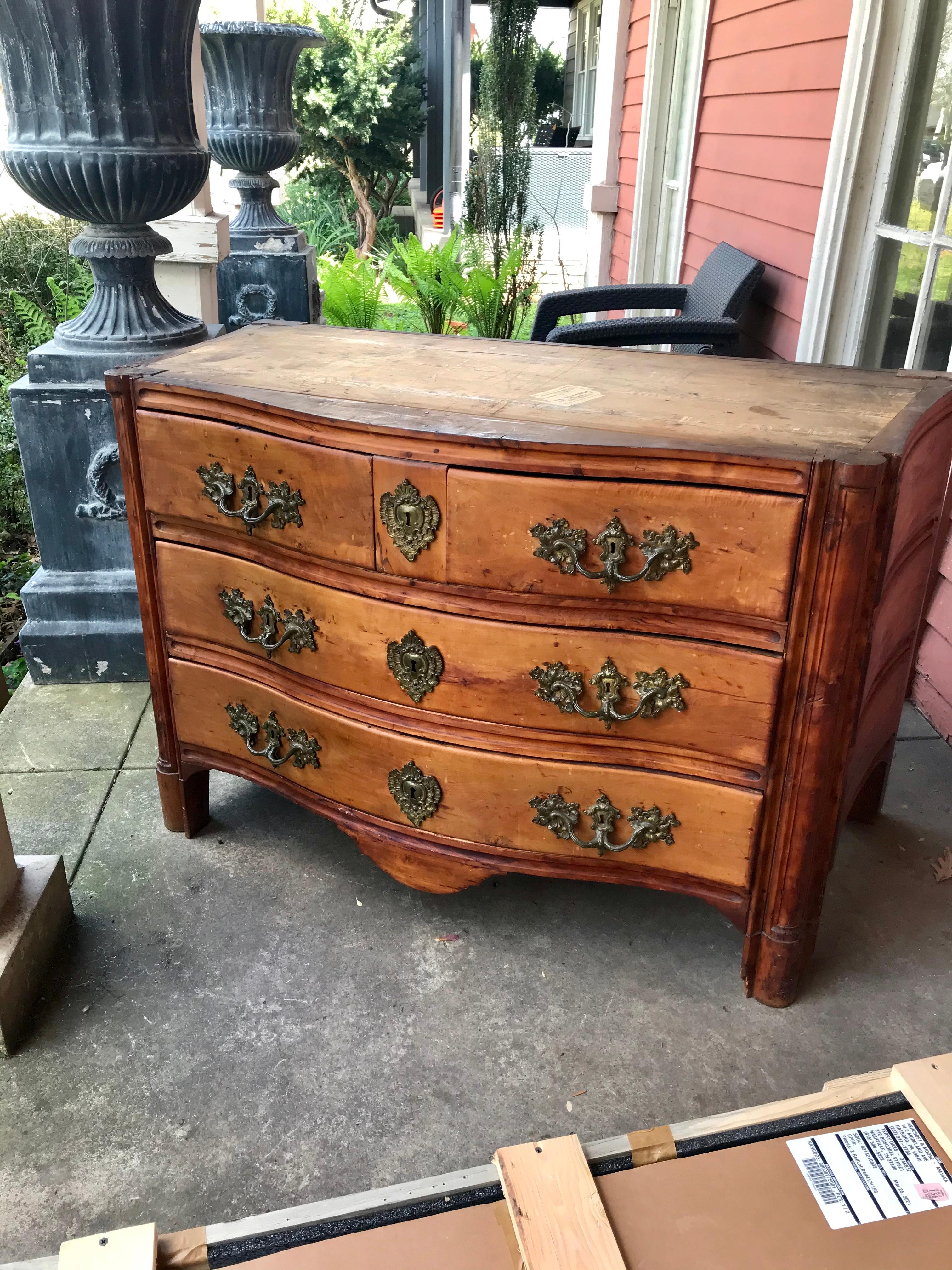 The carcass of beechwood and the drawers ,possibly butternut or poplar. A marvelous patina and stunning color. Deliciously distressed. Warm. Apparently original gilt  hardware, most gilding worn .Appears to be original hand hewn marble. Strong