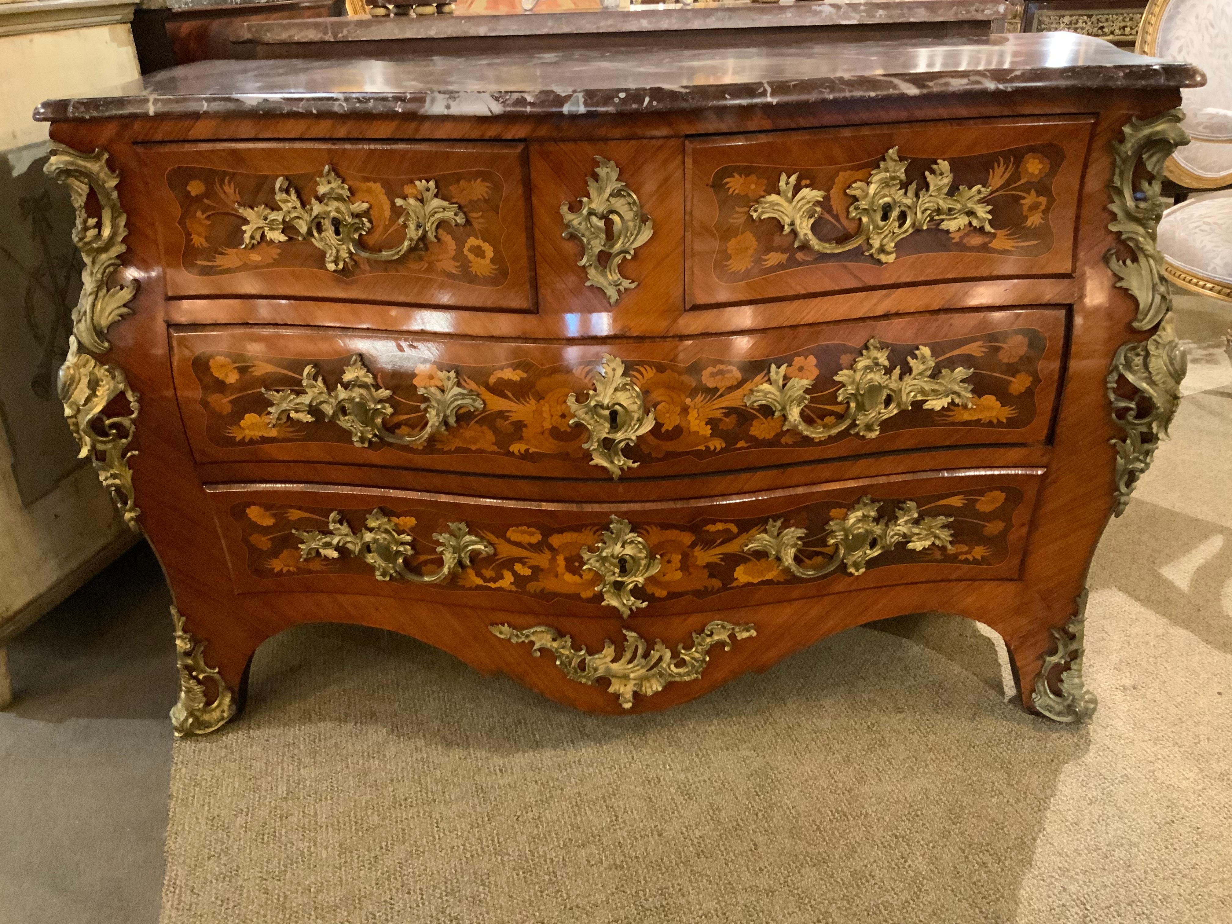 Regence Style Bombe’ Commode, 19th Century with Marble Top, Floral Marquetry 4