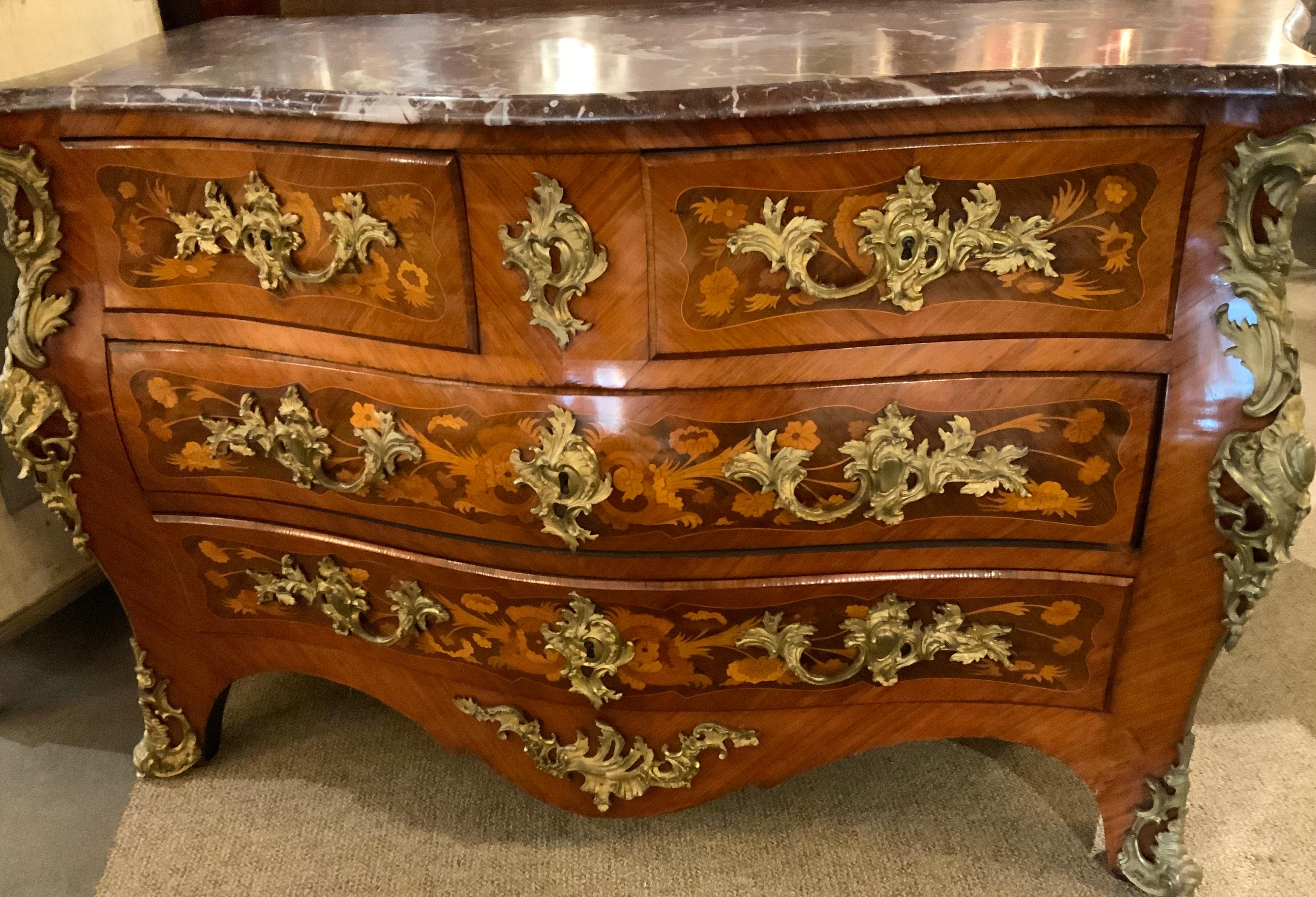 French Regence Style Bombe’ Commode, 19th Century with Marble Top, Floral Marquetry
