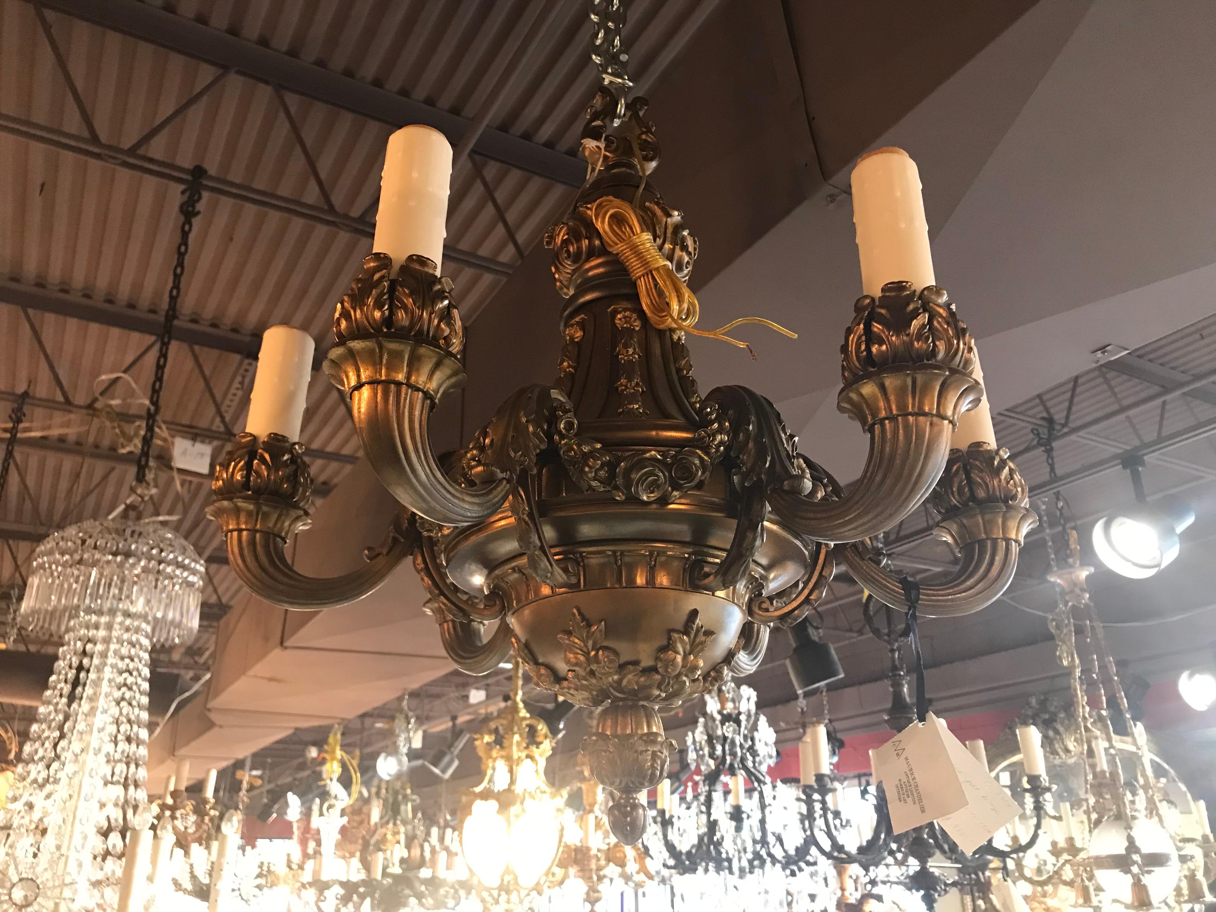 A very fine Regence style bronze chandelier. Great detail and quality. 5-light
France, circa 1900
Dimensions: Height 20