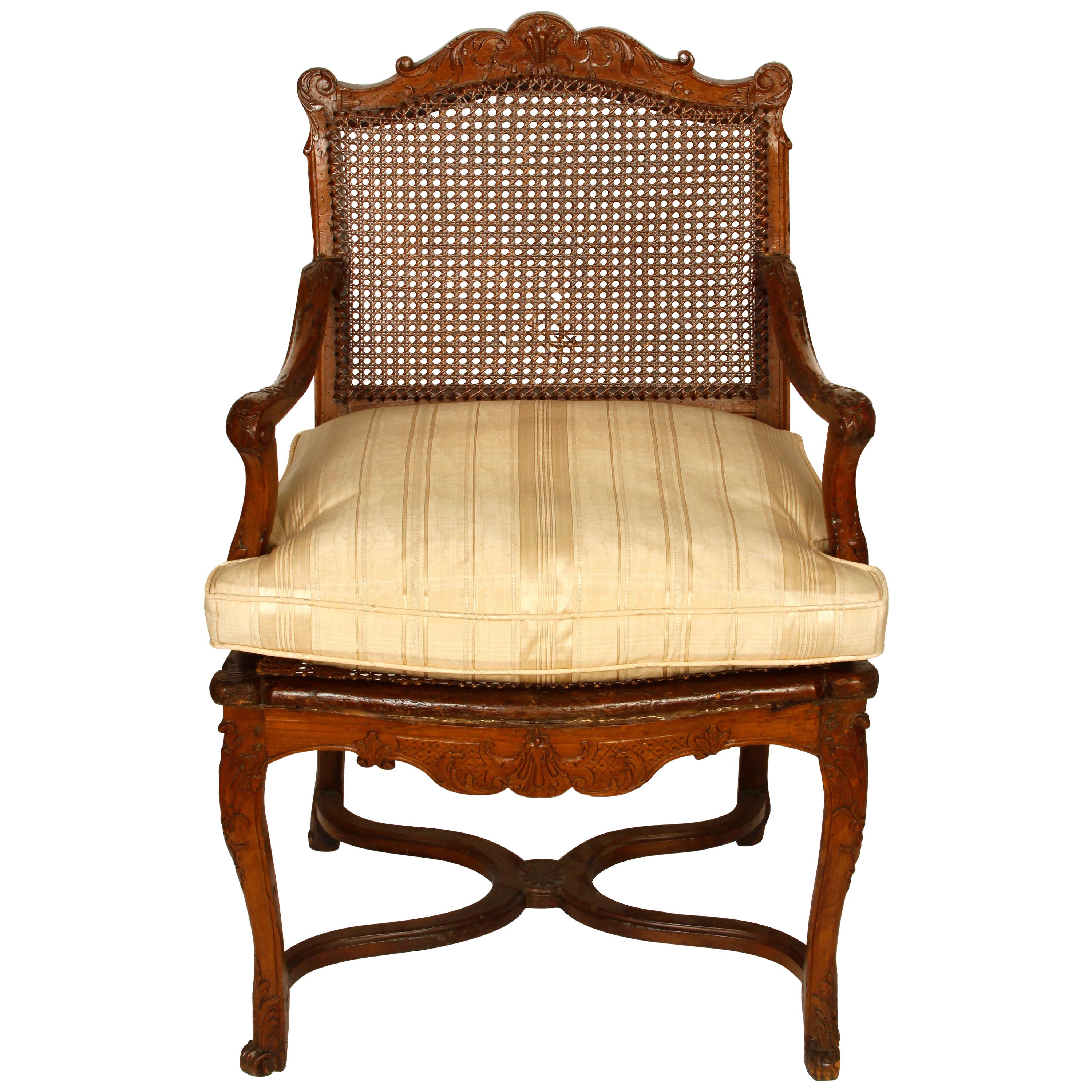 Regence Style Caned Fauteuil with Cushion For Sale