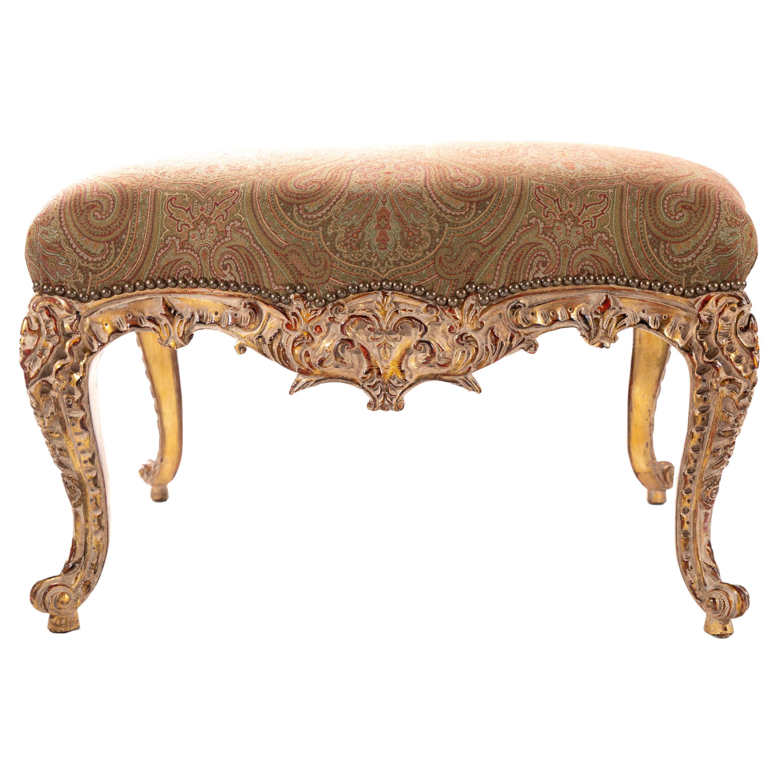 Regence-Style Carved Wood and Upholstered Ottoman