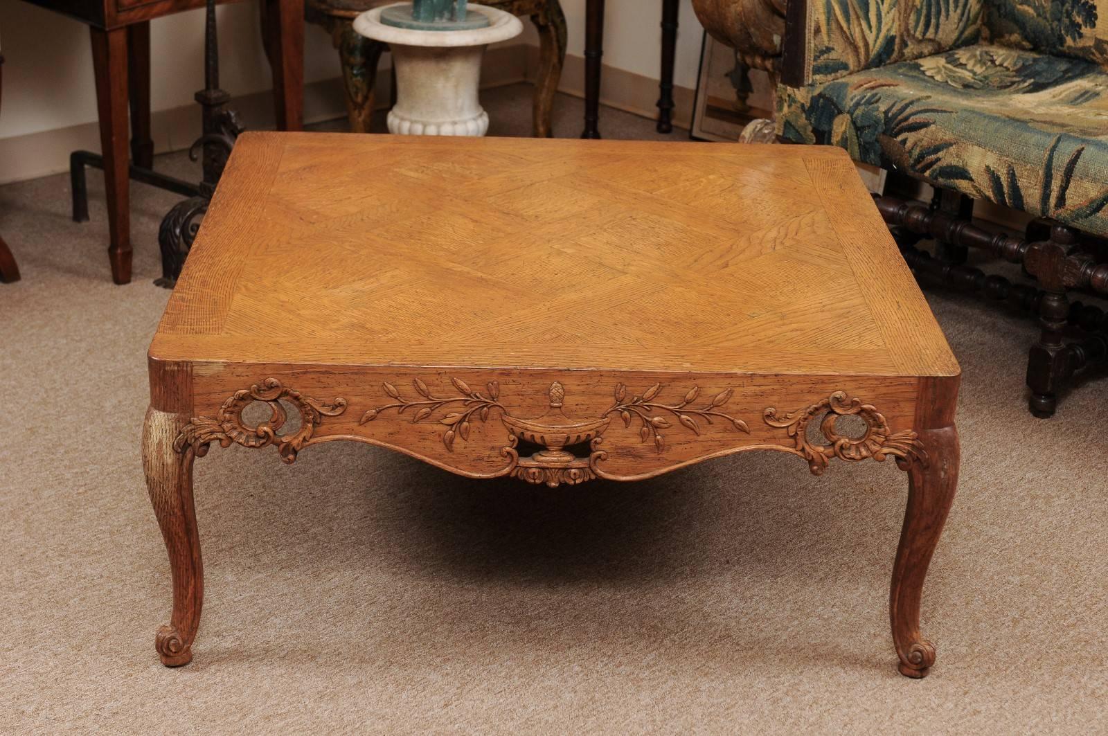 French Regence Style Large Square Oak Coffee Table, France