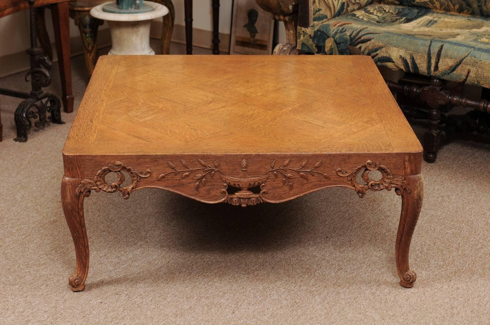 Regence Style Large Square Oak Coffee Table, France In Good Condition In Atlanta, GA