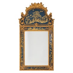Regence Style Mirror in Gilt Wood and Blue Lacquer, 1980's