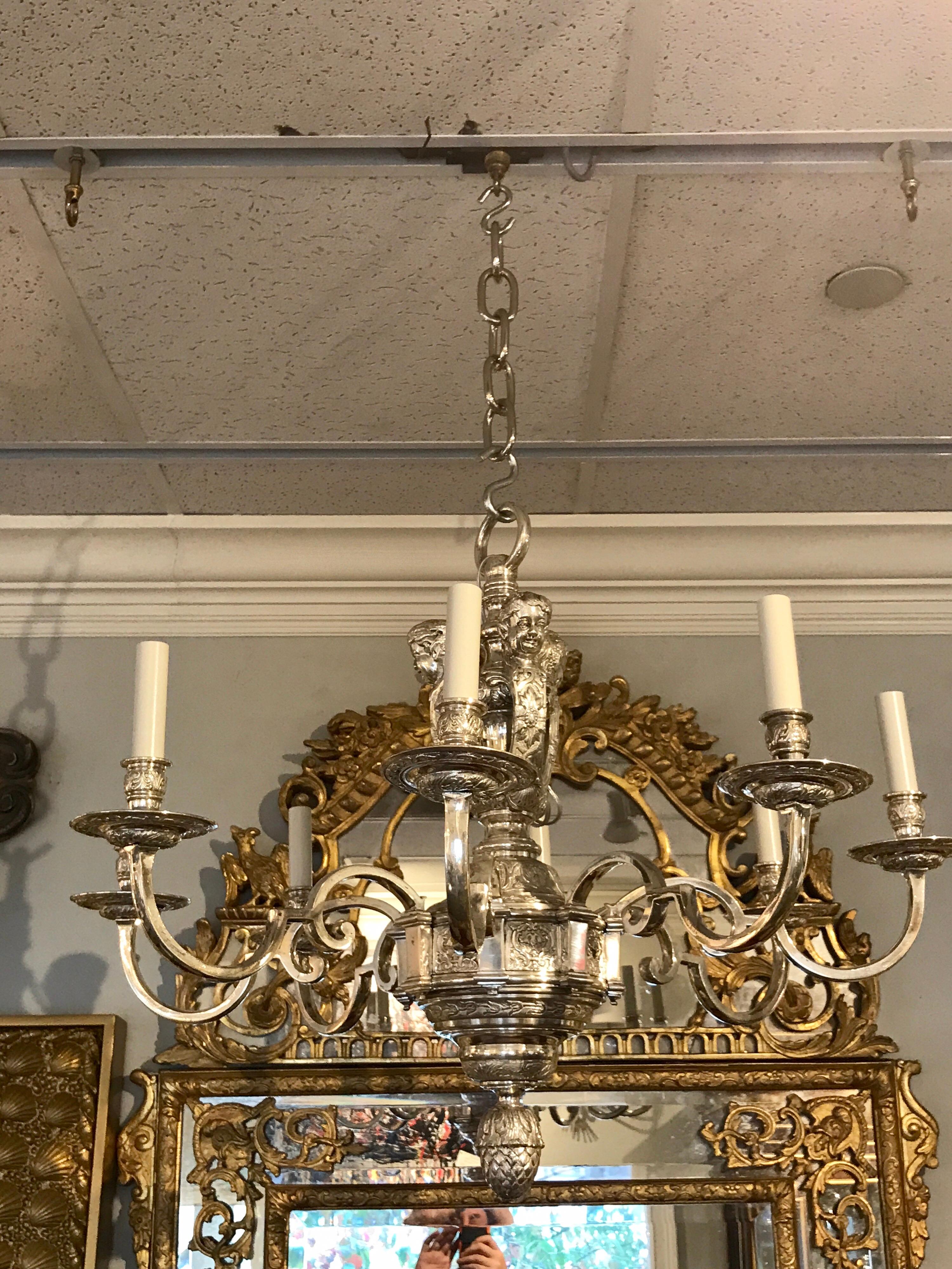 Régence Regence Style Silver Plated Bronze 6-Light Chandelier, Attributed to EF Caldwell