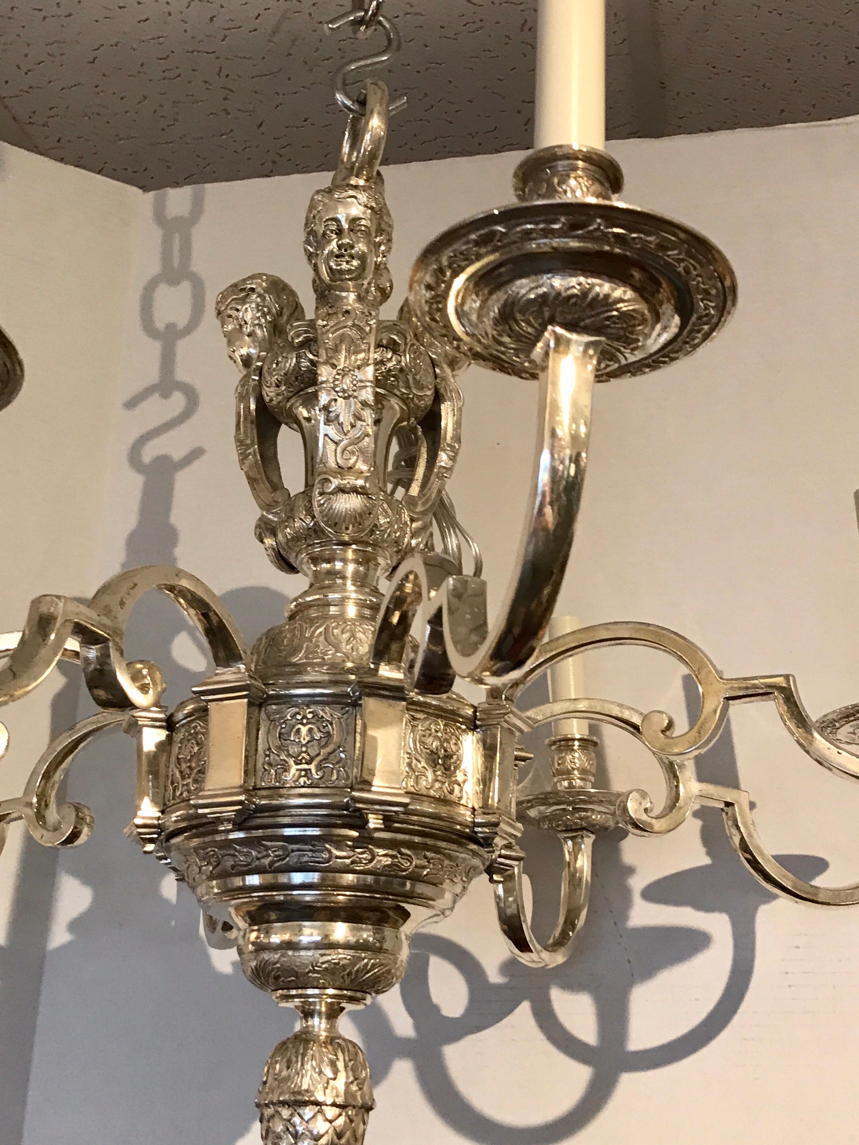 American Regence Style Silver Plated Bronze 6-Light Chandelier, Attributed to EF Caldwell