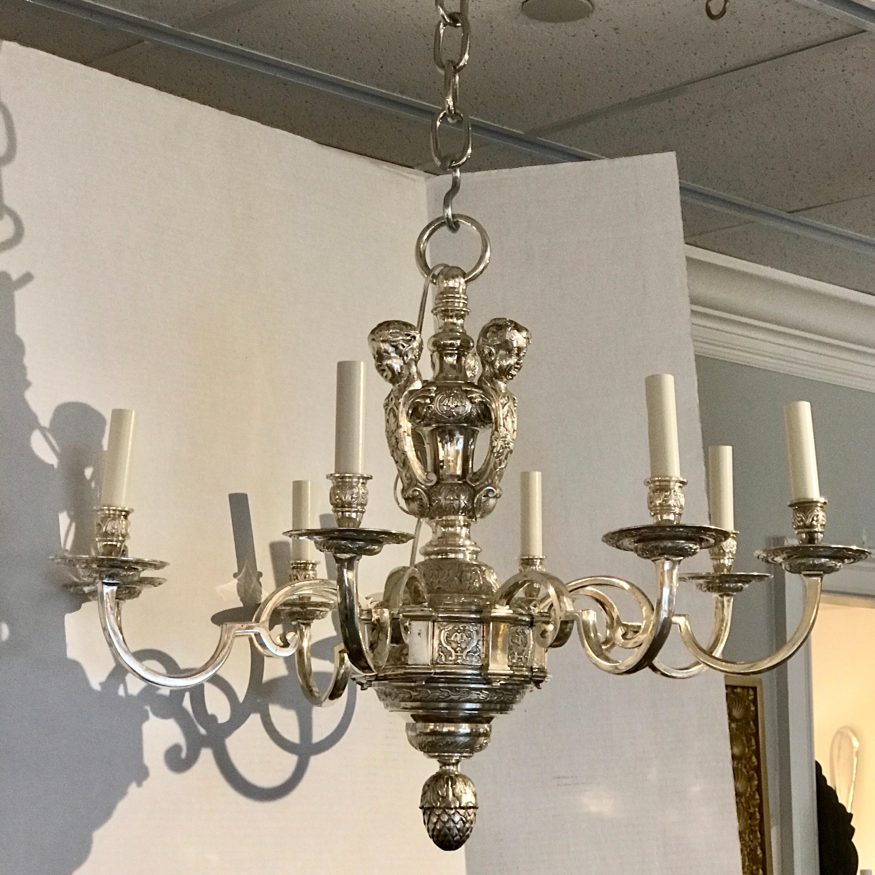 Regence Style Silver Plated Bronze 6-Light Chandelier, Attributed to EF Caldwell In Good Condition In Atlanta, GA