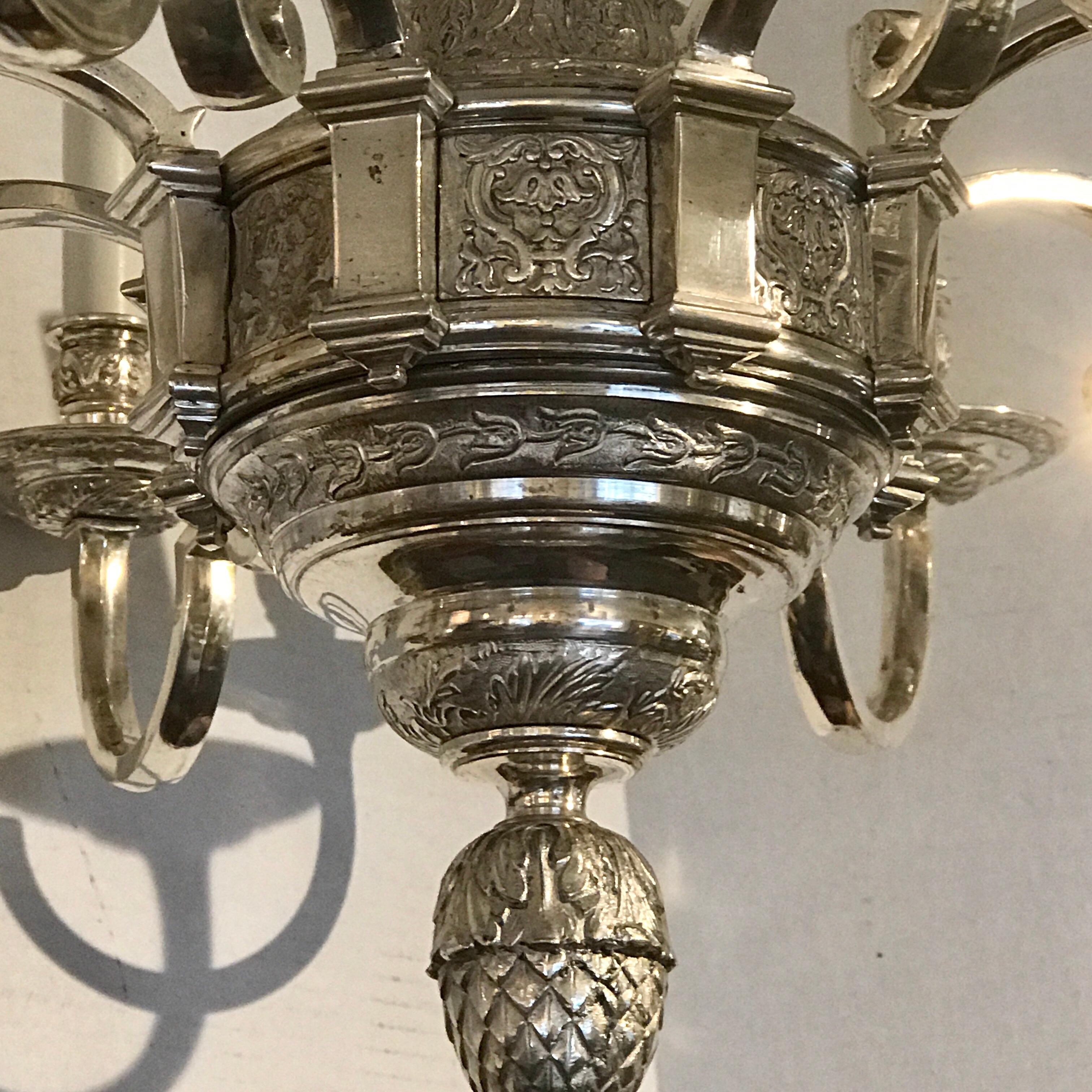 20th Century Regence Style Silver Plated Bronze 6-Light Chandelier, Attributed to EF Caldwell