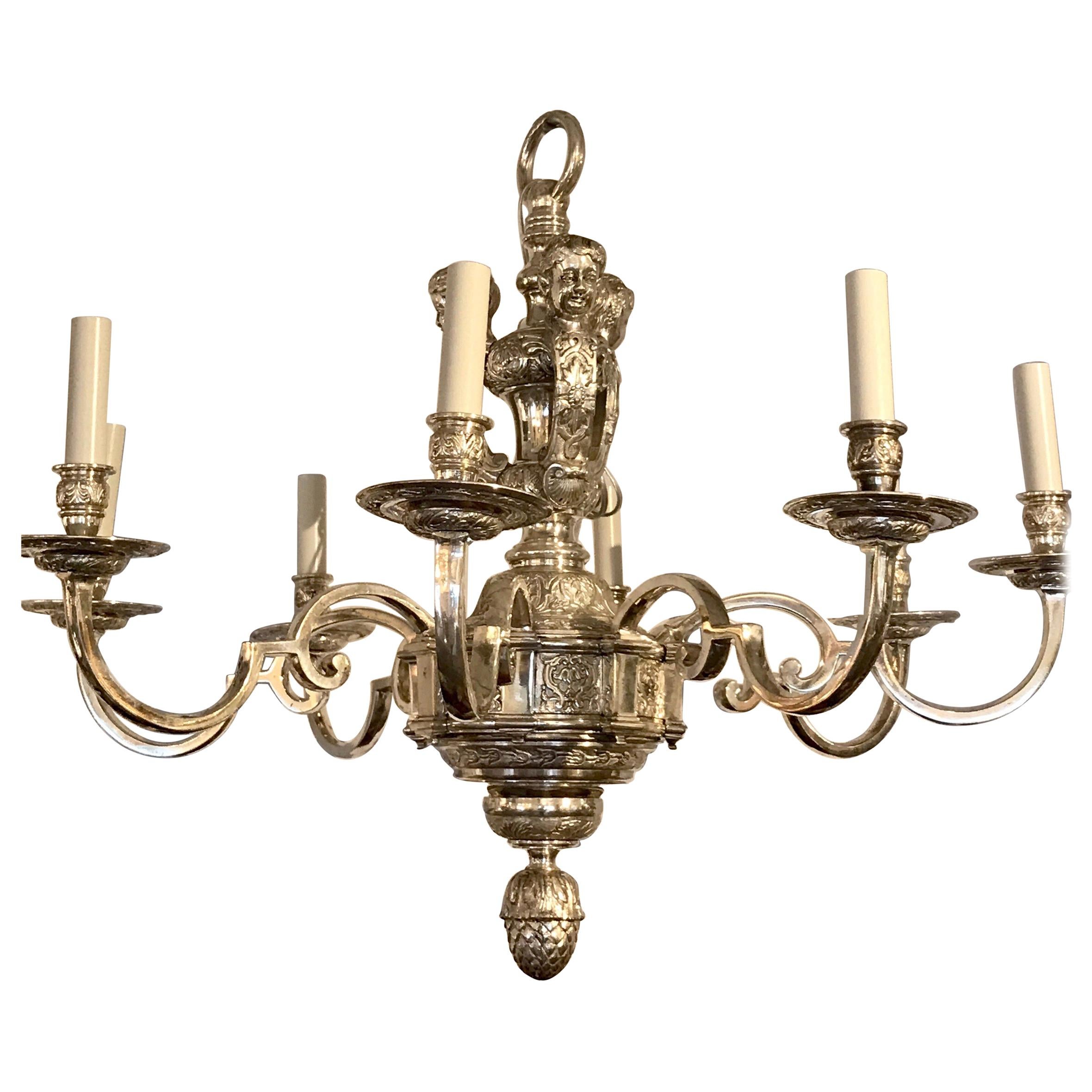 Regence Style Silver Plated Bronze 6-Light Chandelier, Attributed to EF Caldwell