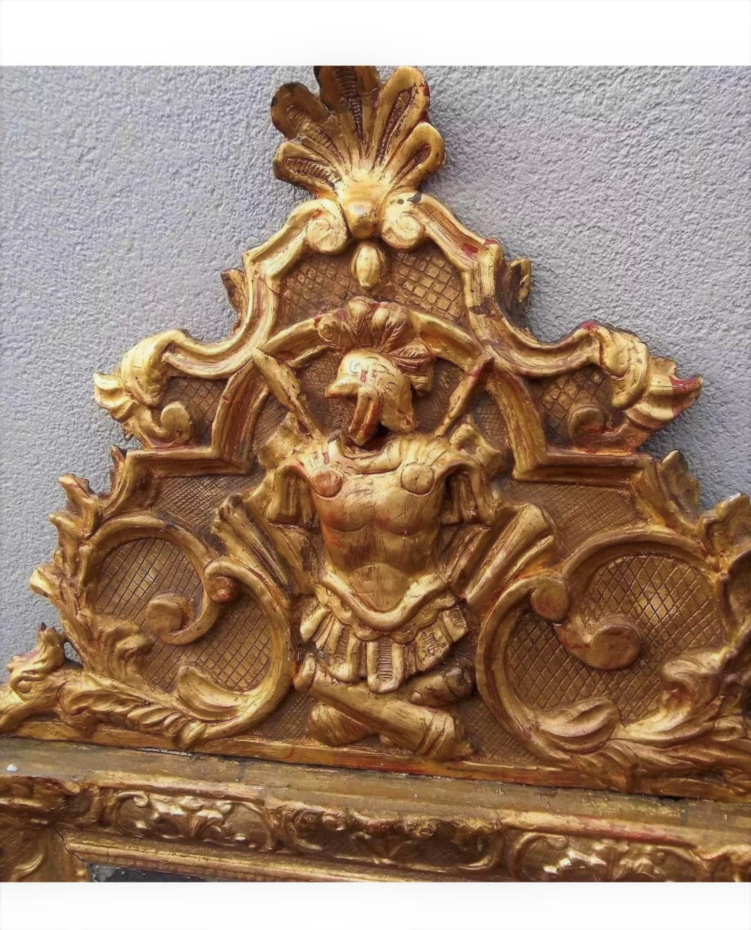 Régence Regence to Louis XV Style Giltwood Mirror with Roman Trophy