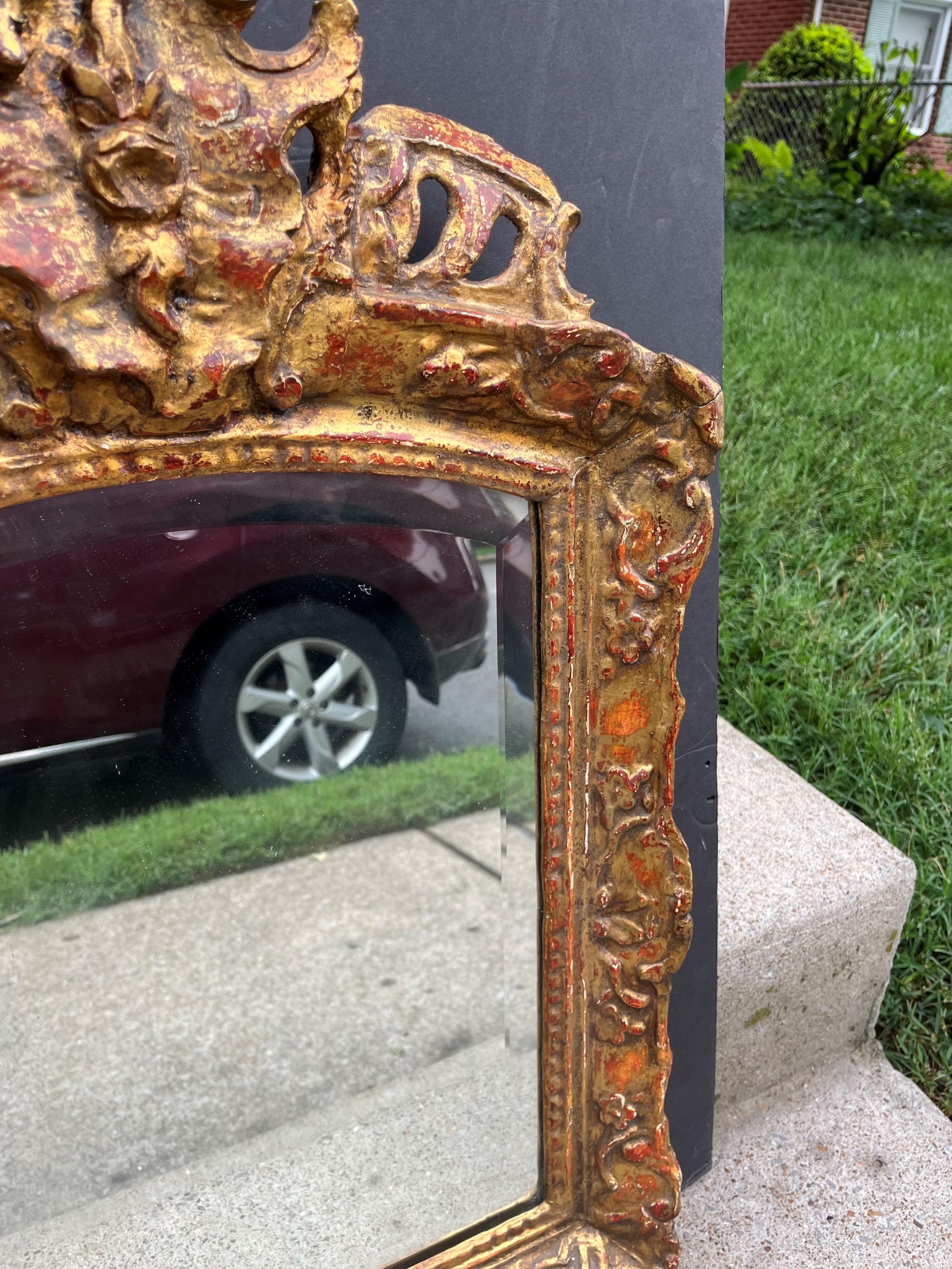 Wood Regence to Louis XV Transitional Style Giltwood Mirror with Bow Arch For Sale