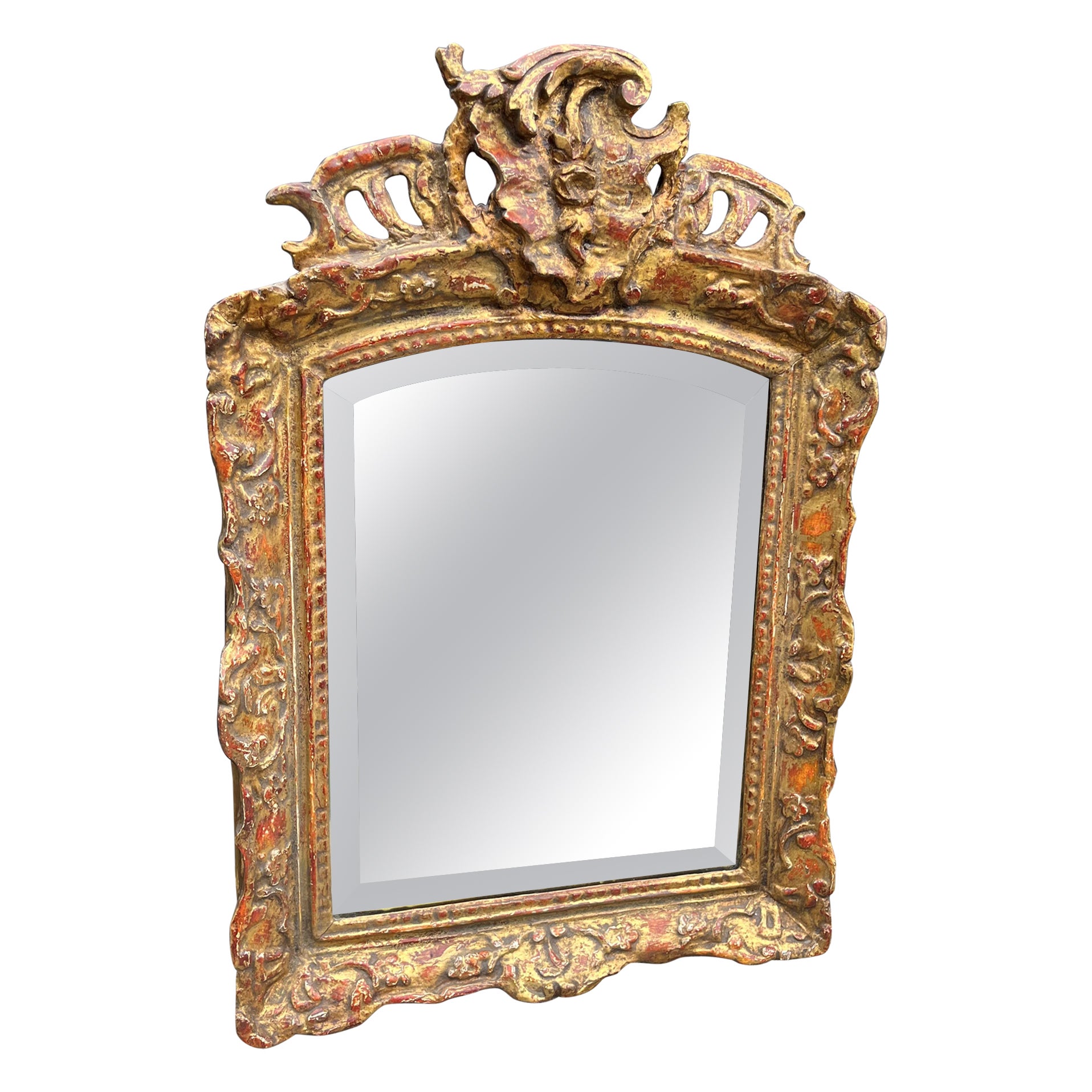 Miroir de style Régence à style transitionnel Louis XV en bois doré avec arc en forme de nœud