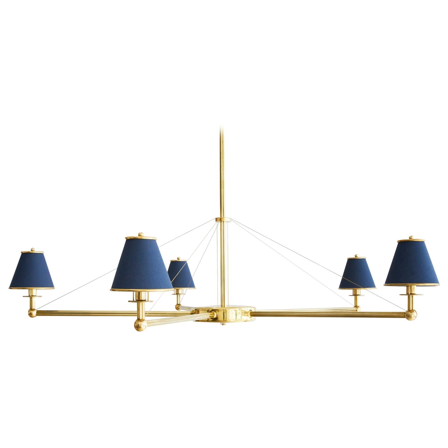 Regency 5-Arm Chandelier by Billy Cotton in Brass with Navy Shades For Sale