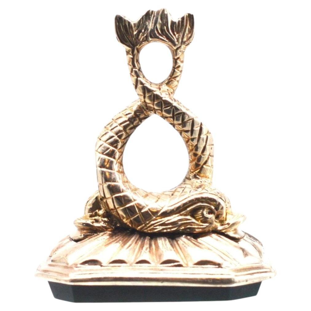 Regency 9ct Gold Dolphin Seal w/ Bloodstone Intaglio “Phyllis” For Sale