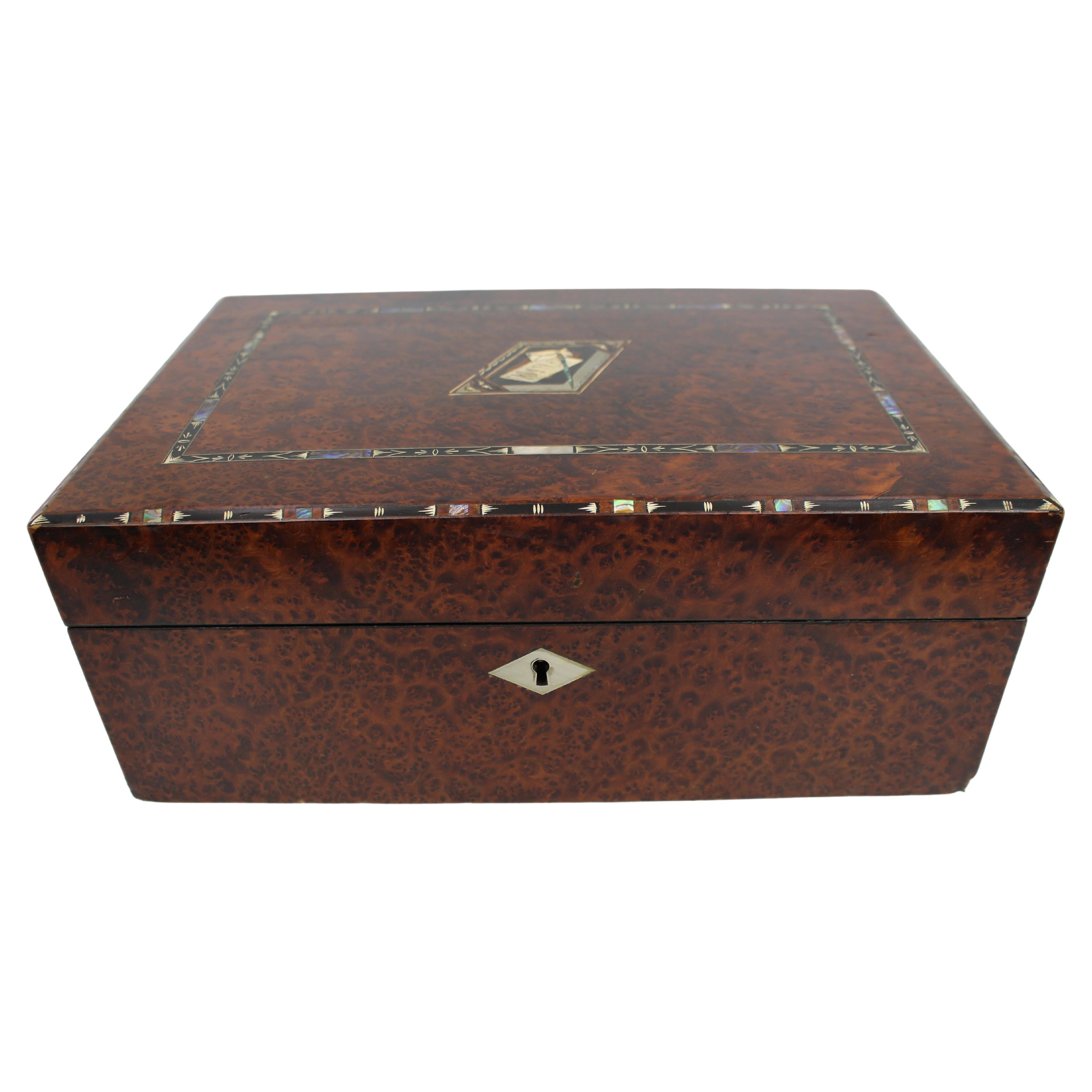Regency Amboyna Writing Slope with Ebony, Silver, and Abalone Inlay