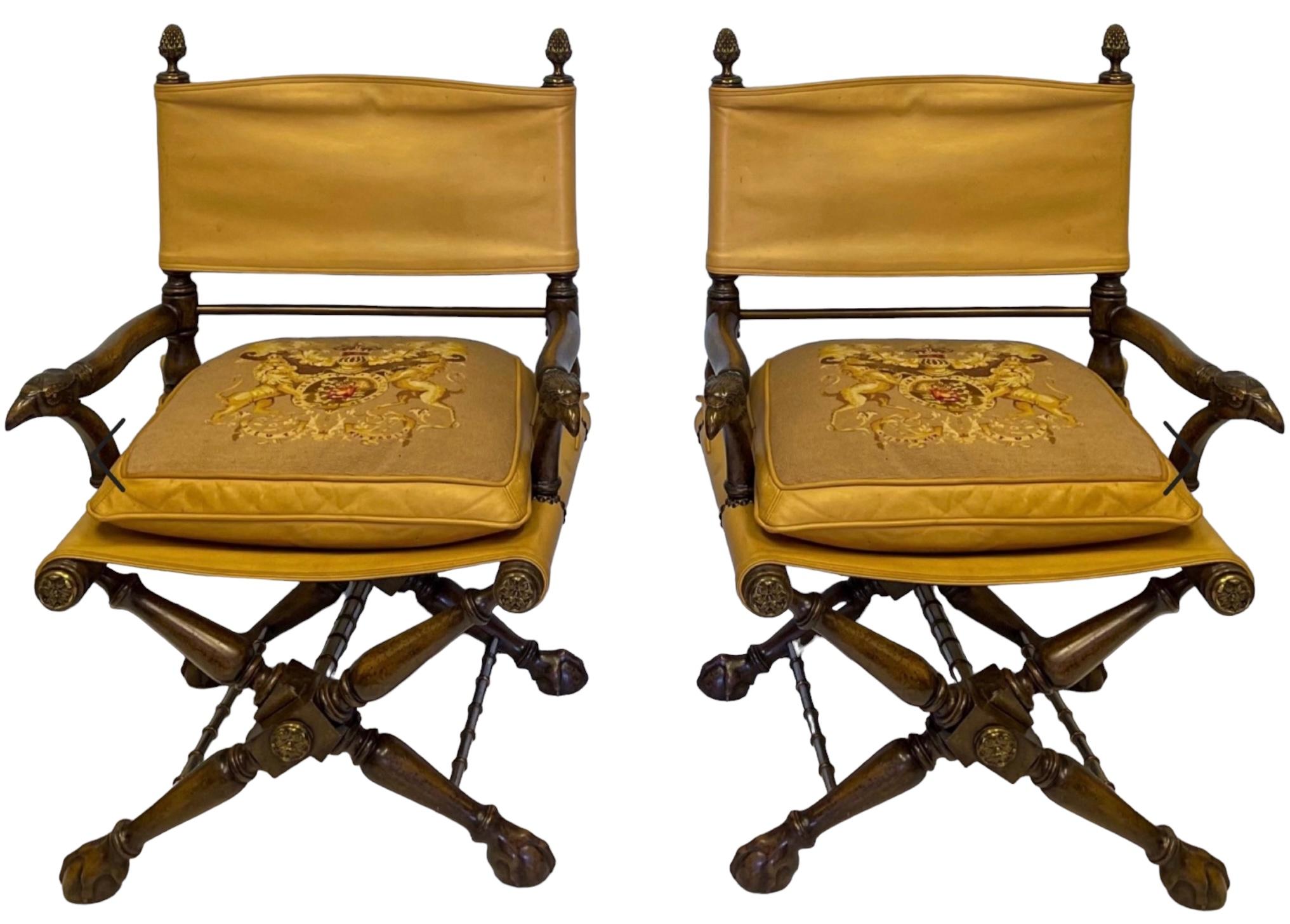 Leather Regency and Campaign Style Carved Eagle Chairs Att. Theodore Alexander, Pair For Sale