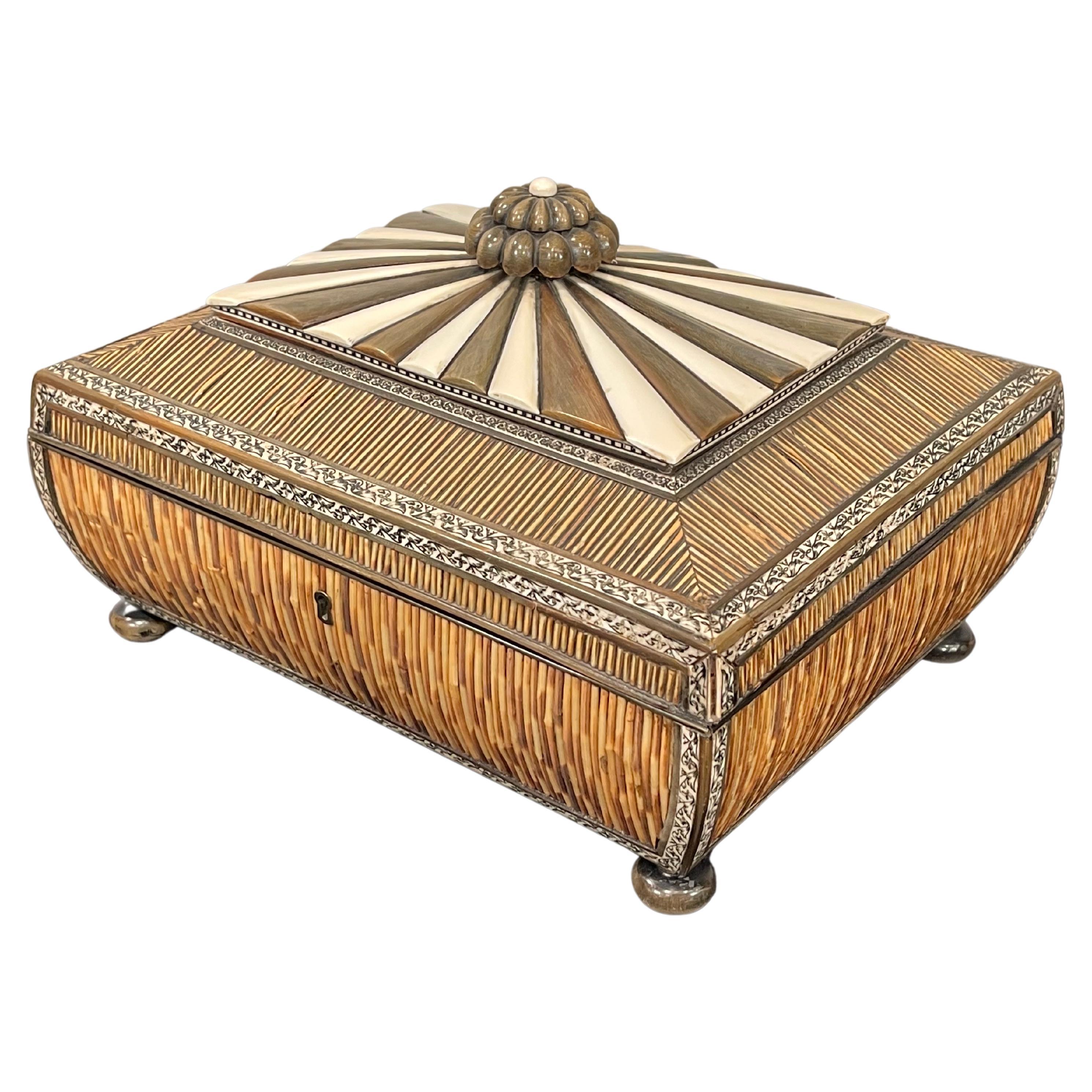 Regency Anglo Indian Quill Work Vizagapatam Sandalwood Sewing Box For Sale