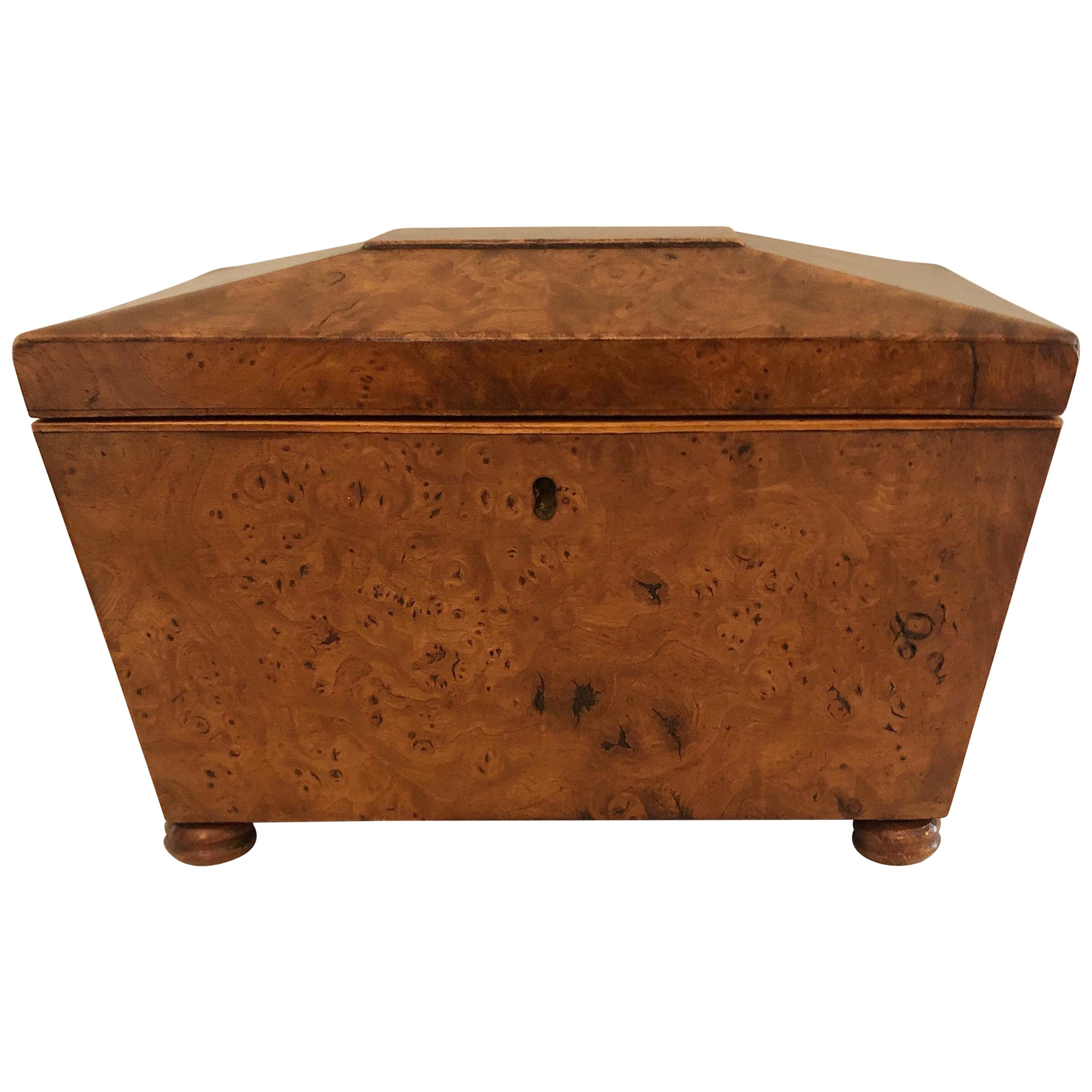 Regency Antique 19th Century Sarcophagus Shaped Burr Elm Tea Caddy For Sale