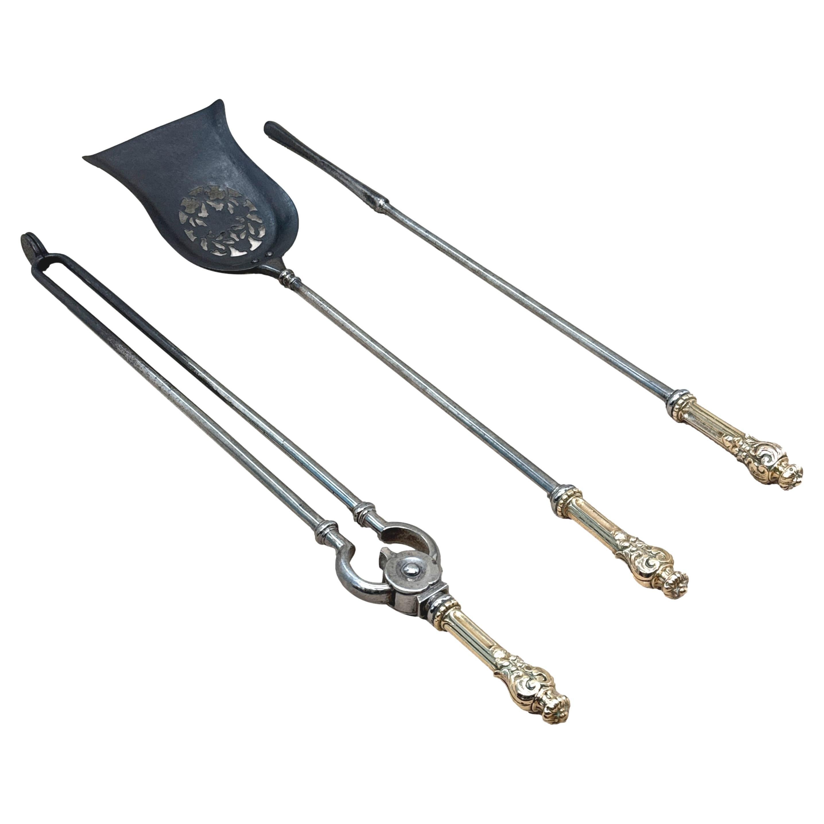 Regency Antique Set Of Polished Steel & Brass Fire Tools