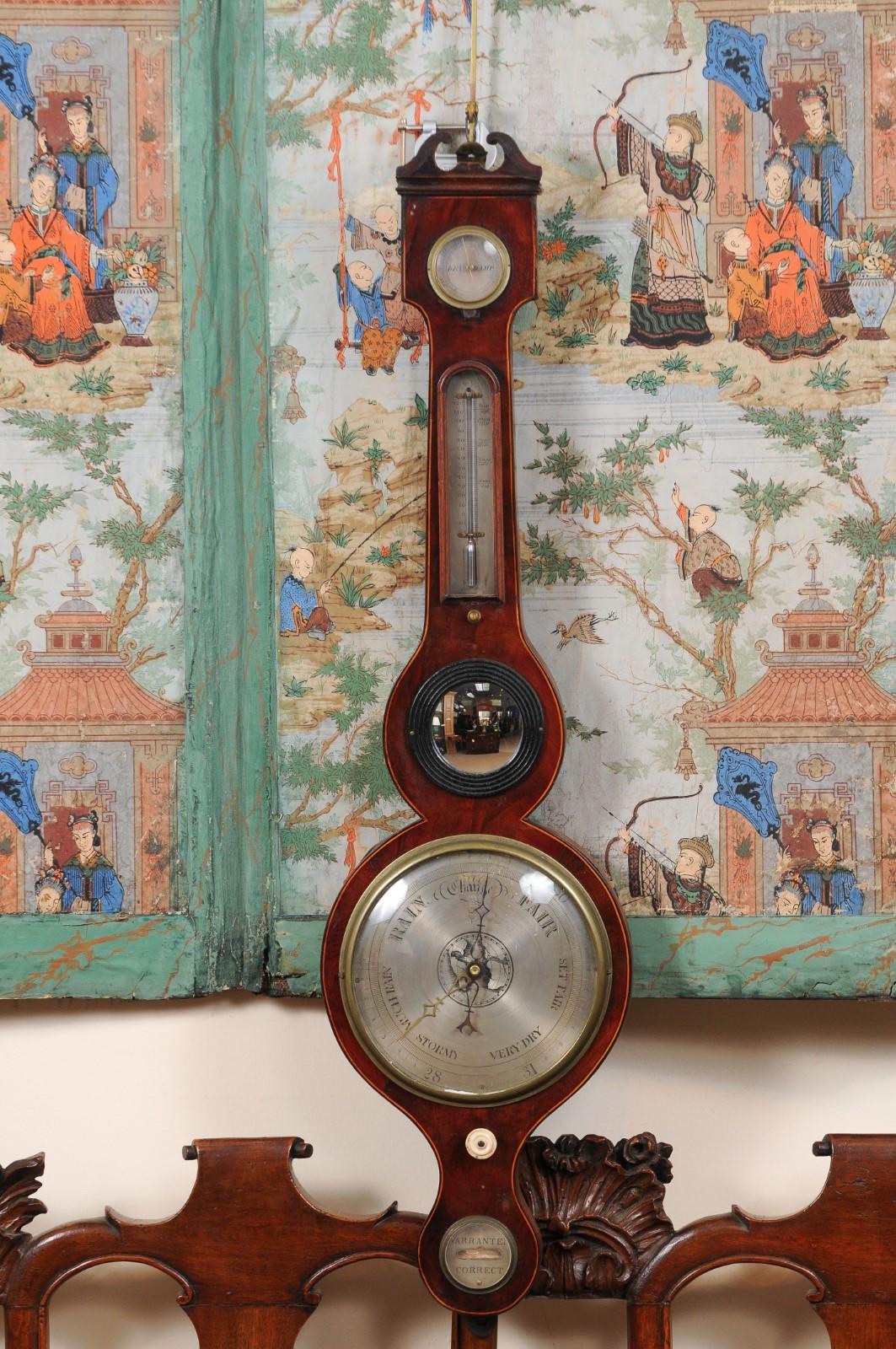 English Regency Banjo Barometer in Mahogany with Swan Neck Pediment, England ca. 1820 For Sale