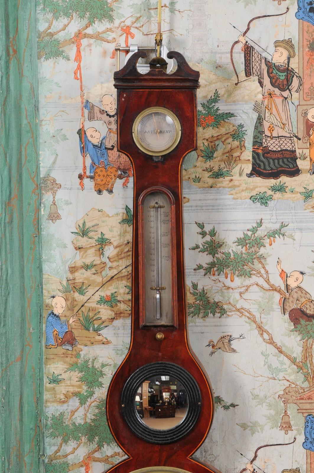 Regency Banjo Barometer in Mahogany with Swan Neck Pediment, England ca. 1820 In Good Condition For Sale In Atlanta, GA
