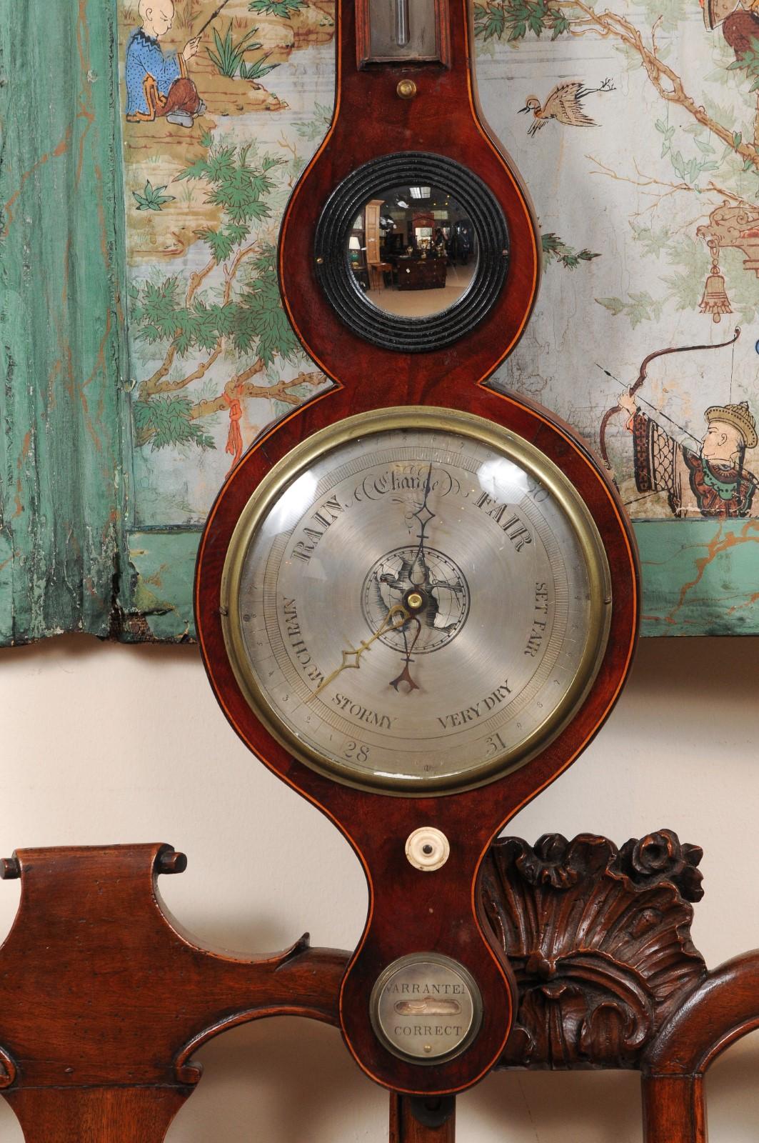 19th Century Regency Banjo Barometer in Mahogany with Swan Neck Pediment, England ca. 1820 For Sale