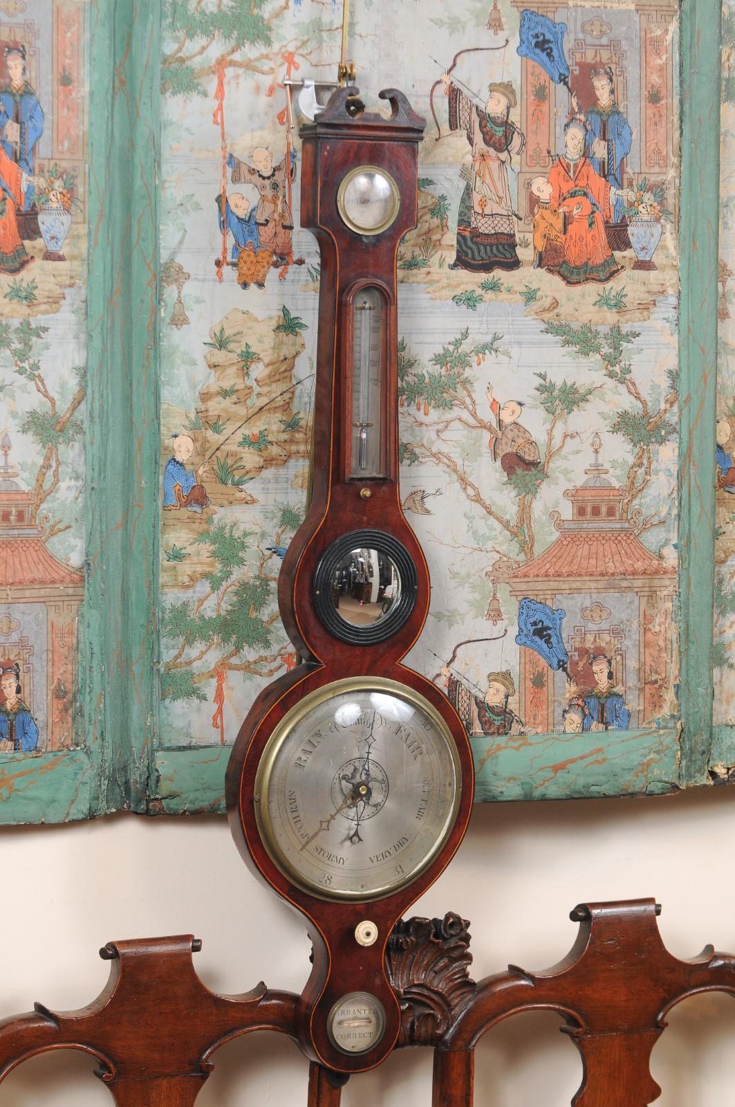 Regency Banjo Barometer in Mahogany with Swan Neck Pediment, England ca. 1820 For Sale 2